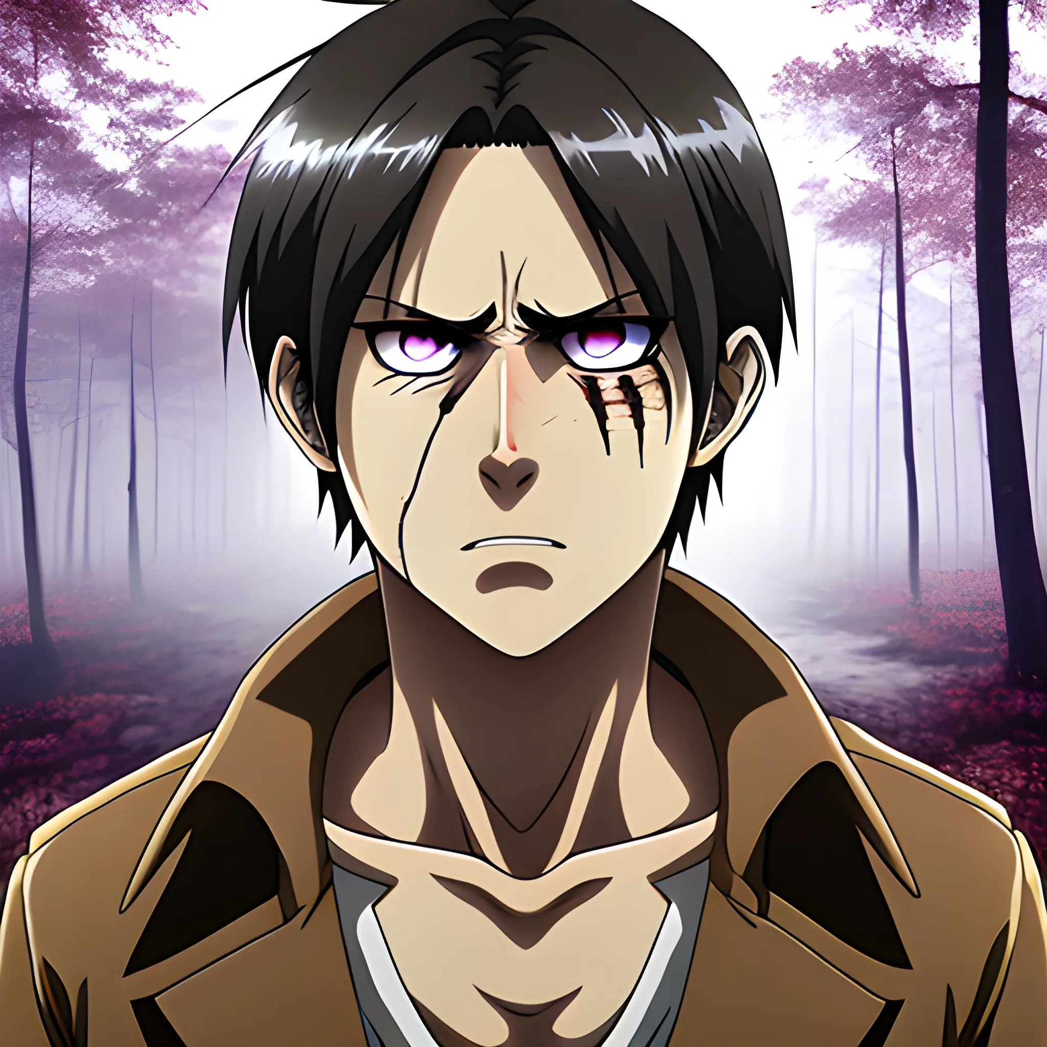 Anime man attack on titan, eren, purple eyes, Scar on one eye, forest background, hyper deformed, 4k.