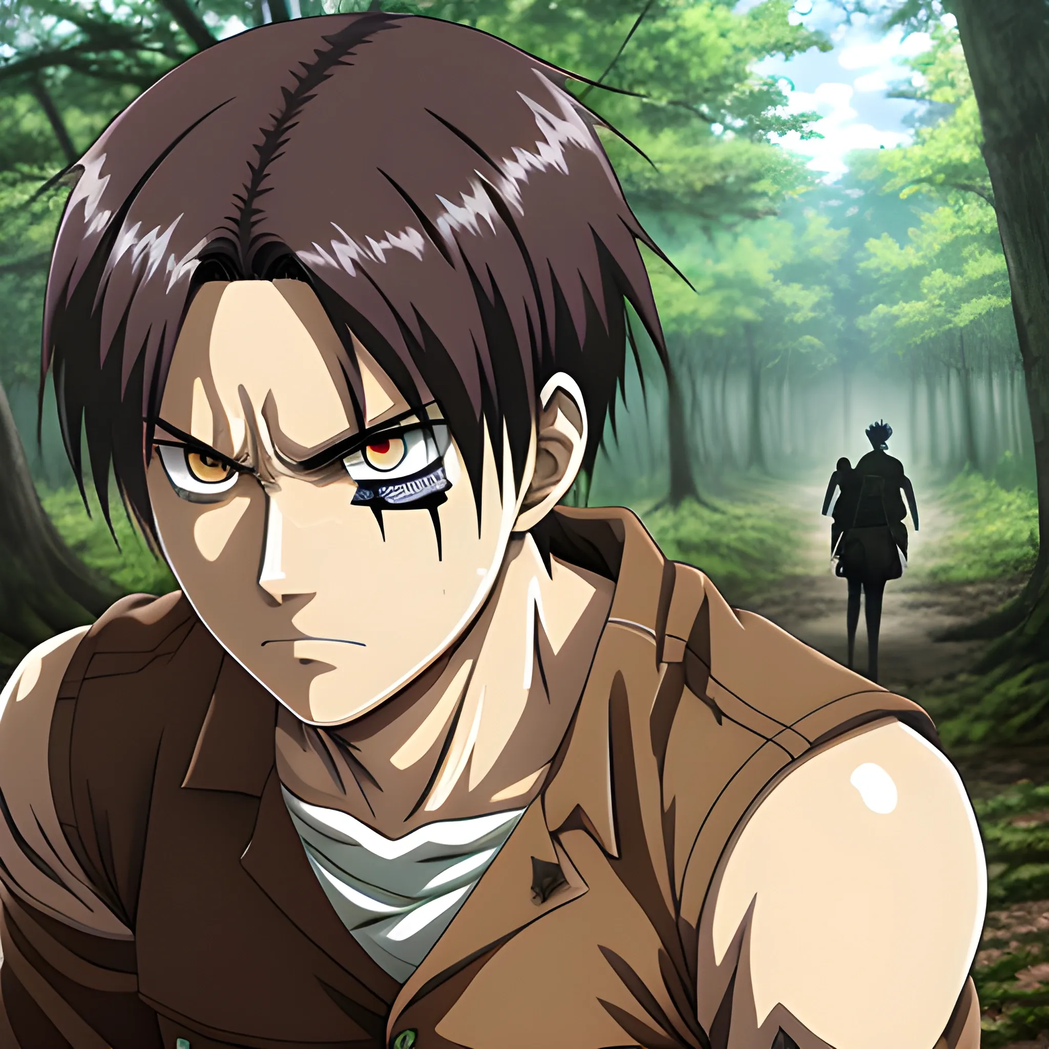 Anime man attack on titan, eren mixed zeke, purple eyes, Scar on one eye, forest background, hyper deformed, 4k.