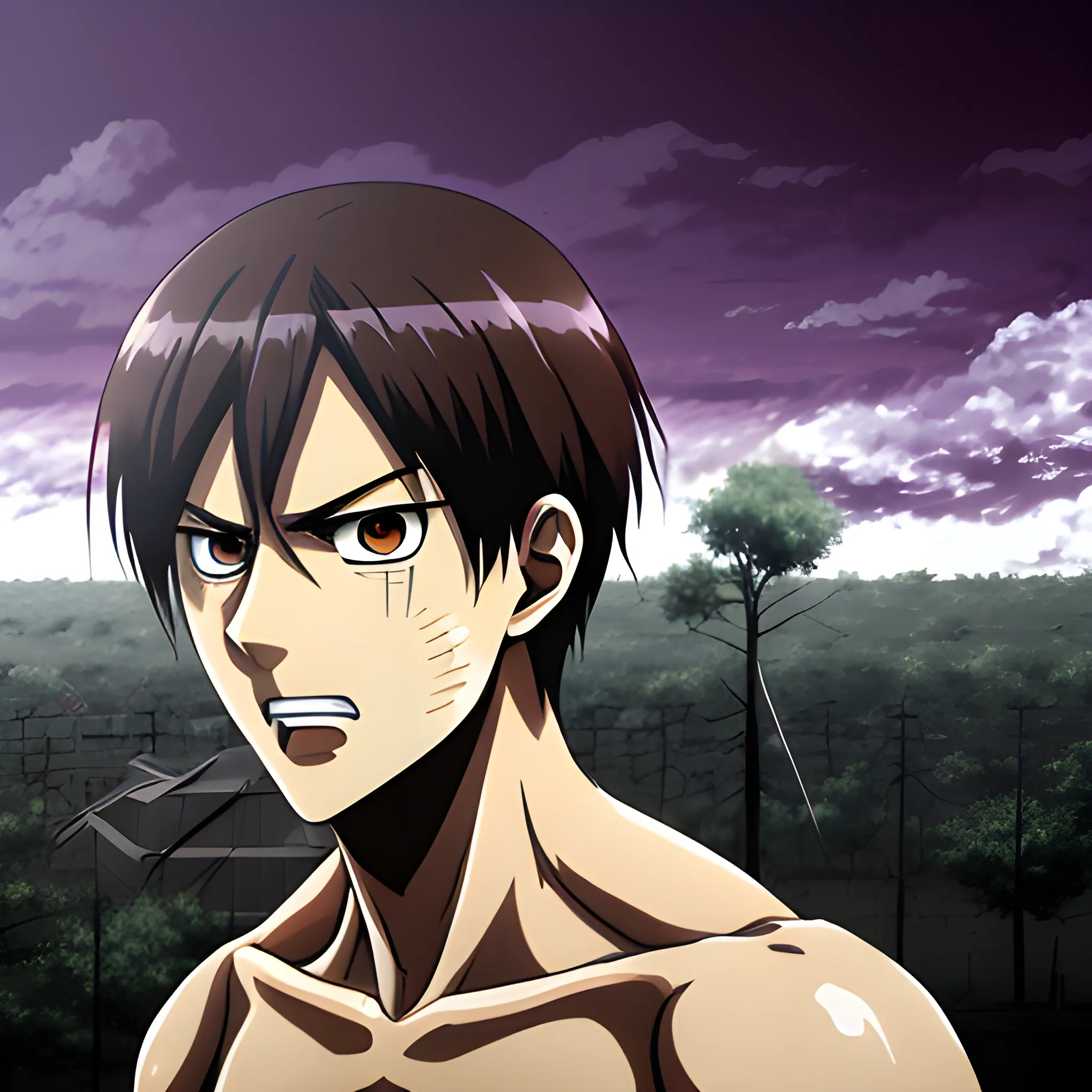 Anime man attack on titan, eren, purple eyes, forest background, hyper deformed, 4k.