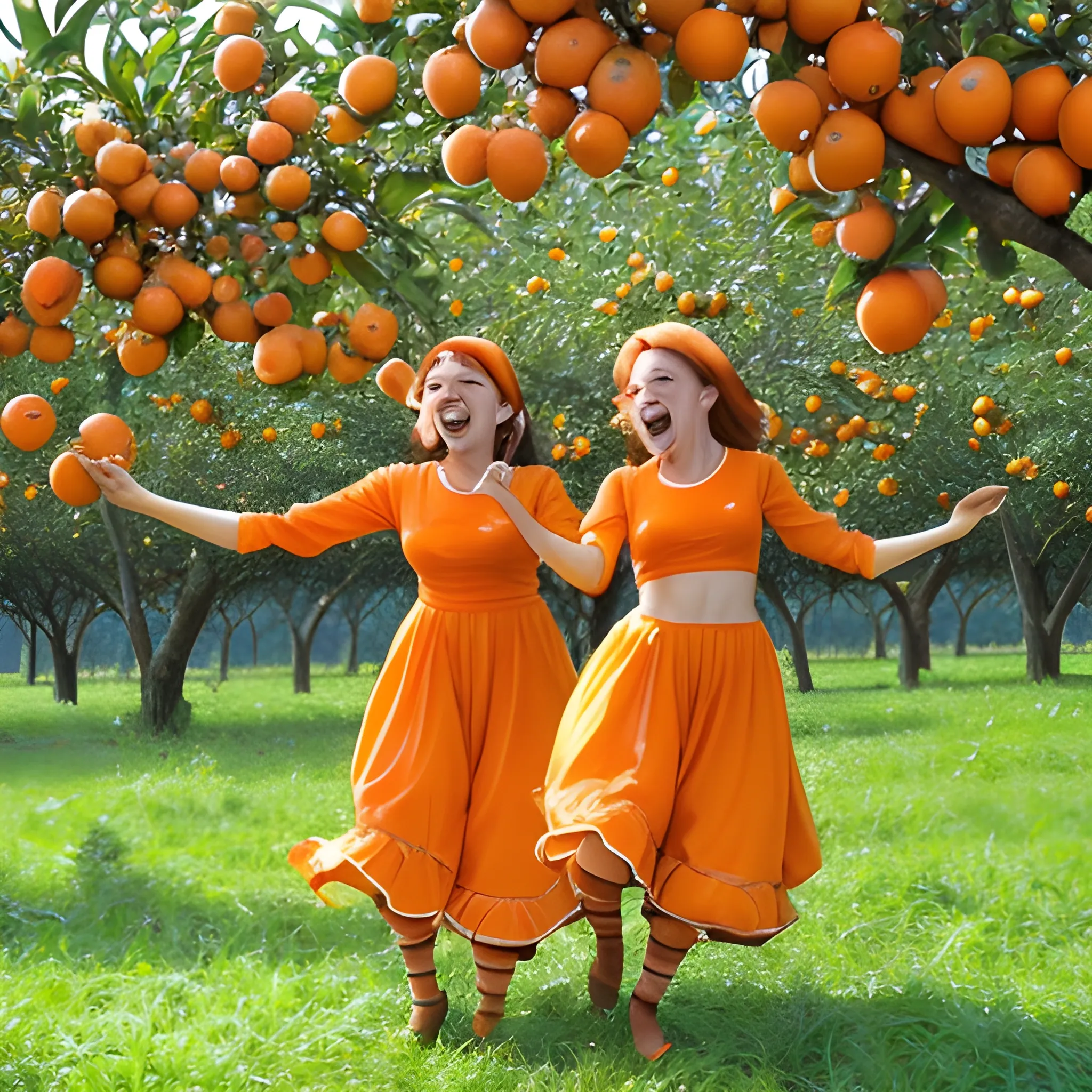 tangerines dancing, singing and laughing in orchard