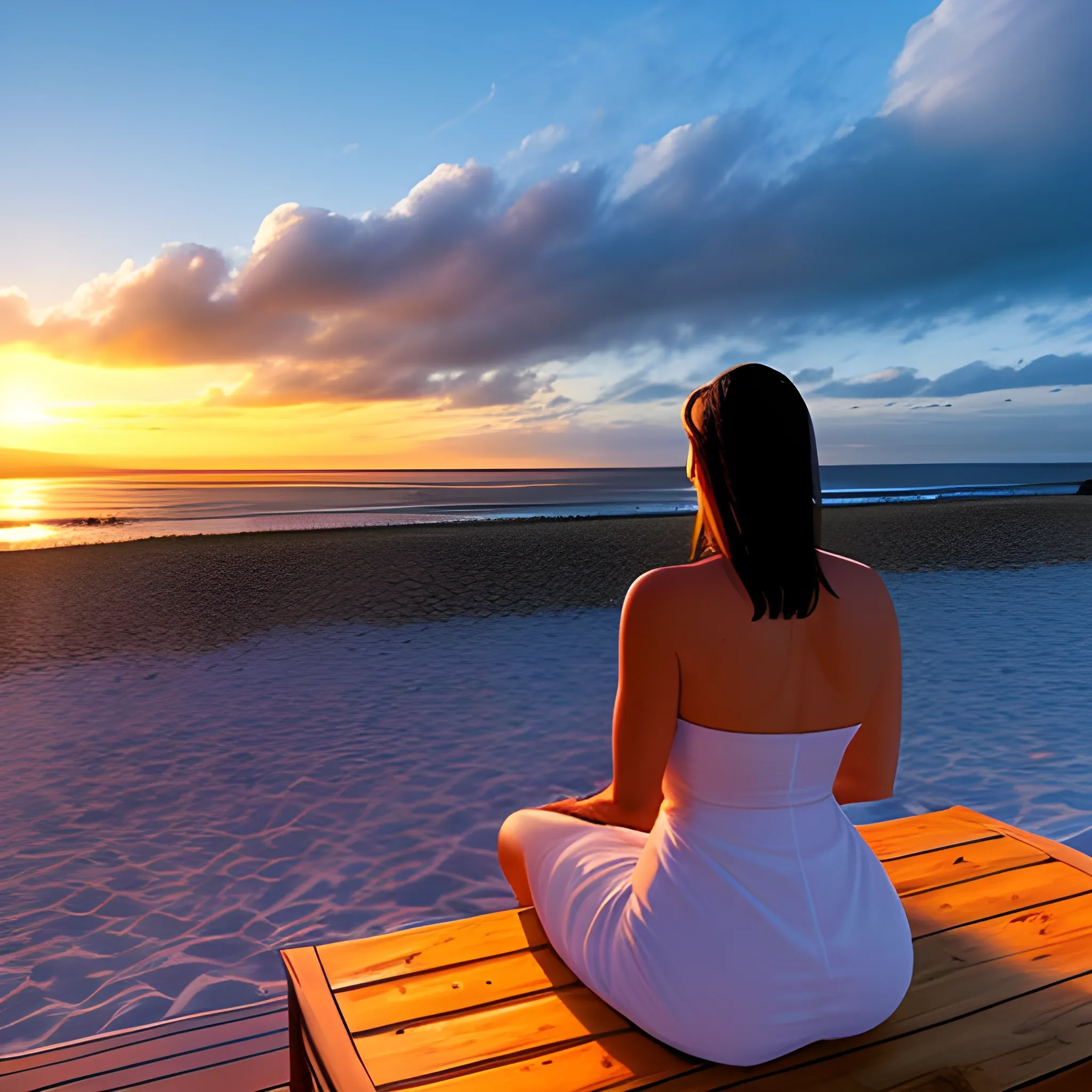 sweet little  gently smiling young blonde girl watching the beach, the sea and the sky at sunset from a beach cabin