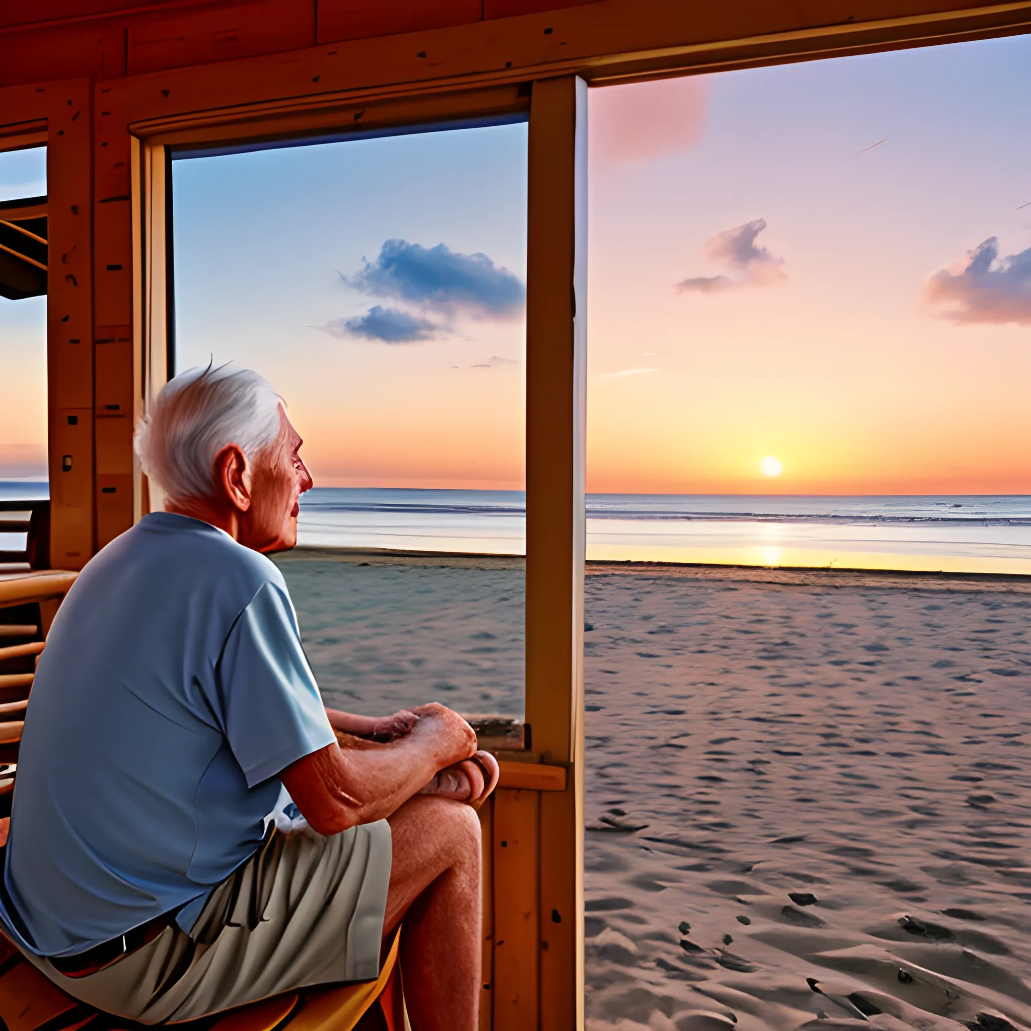 gentle old man watching the beach, the sea and the sky at sunset from a beach cabin