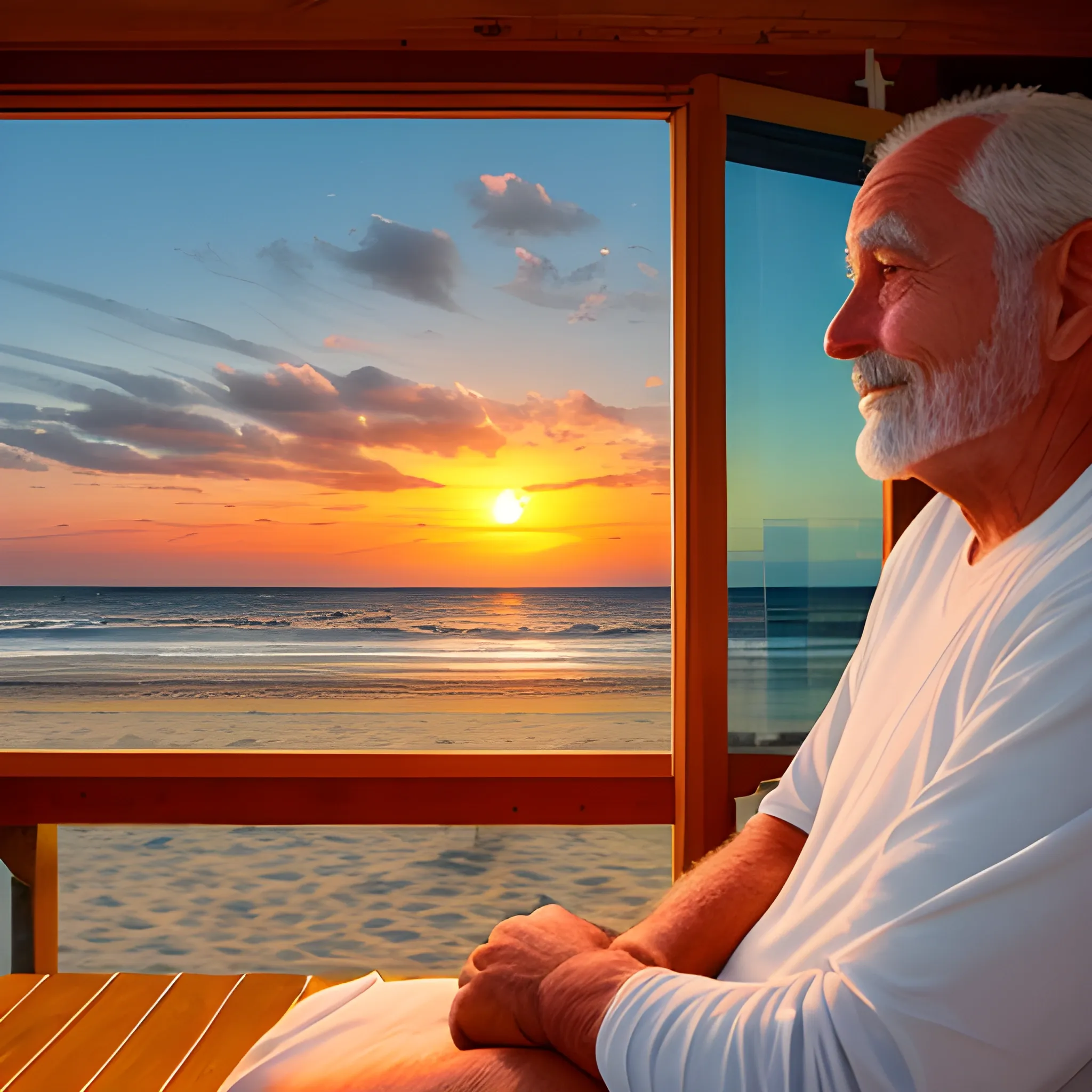 gentle friendly man watching the beach, the sea and the sky at sunset from a beach cabin