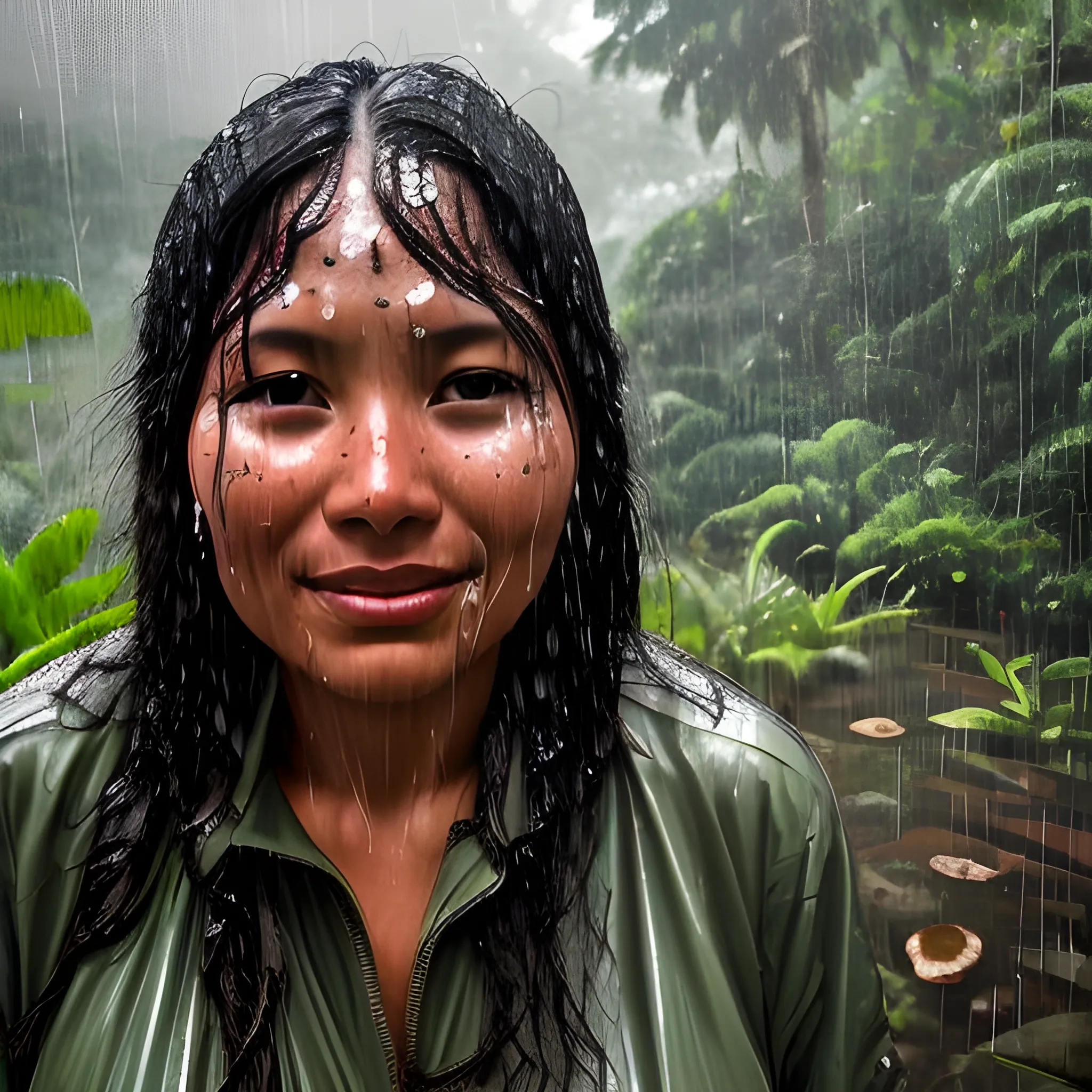 A beautiful woman named Ana in the Bolivian rainforest, with raindrops falling on her face, and the rainforest raining in the background.