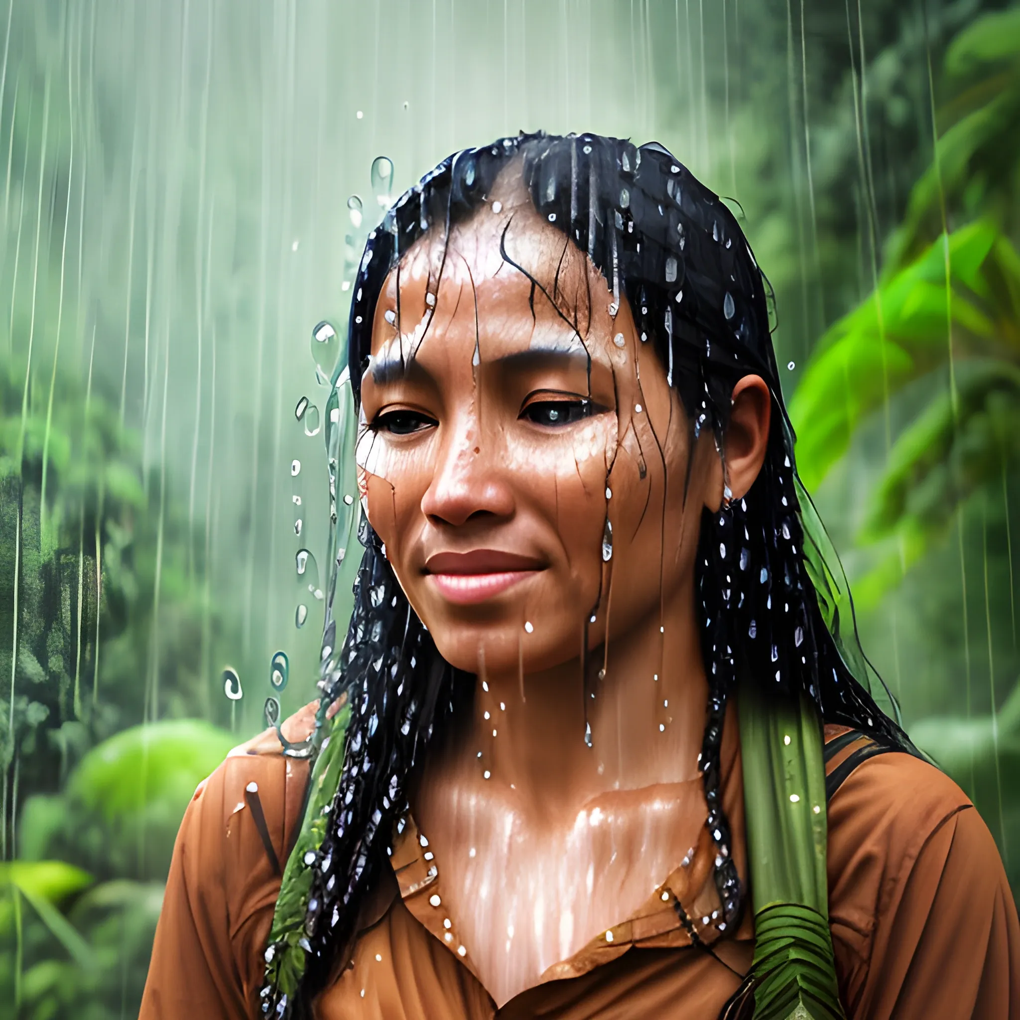 A beautiful woman named Ana in the Bolivian rainforest, with raindrops falling on her face, and the rainforest raining in the background., Water Color