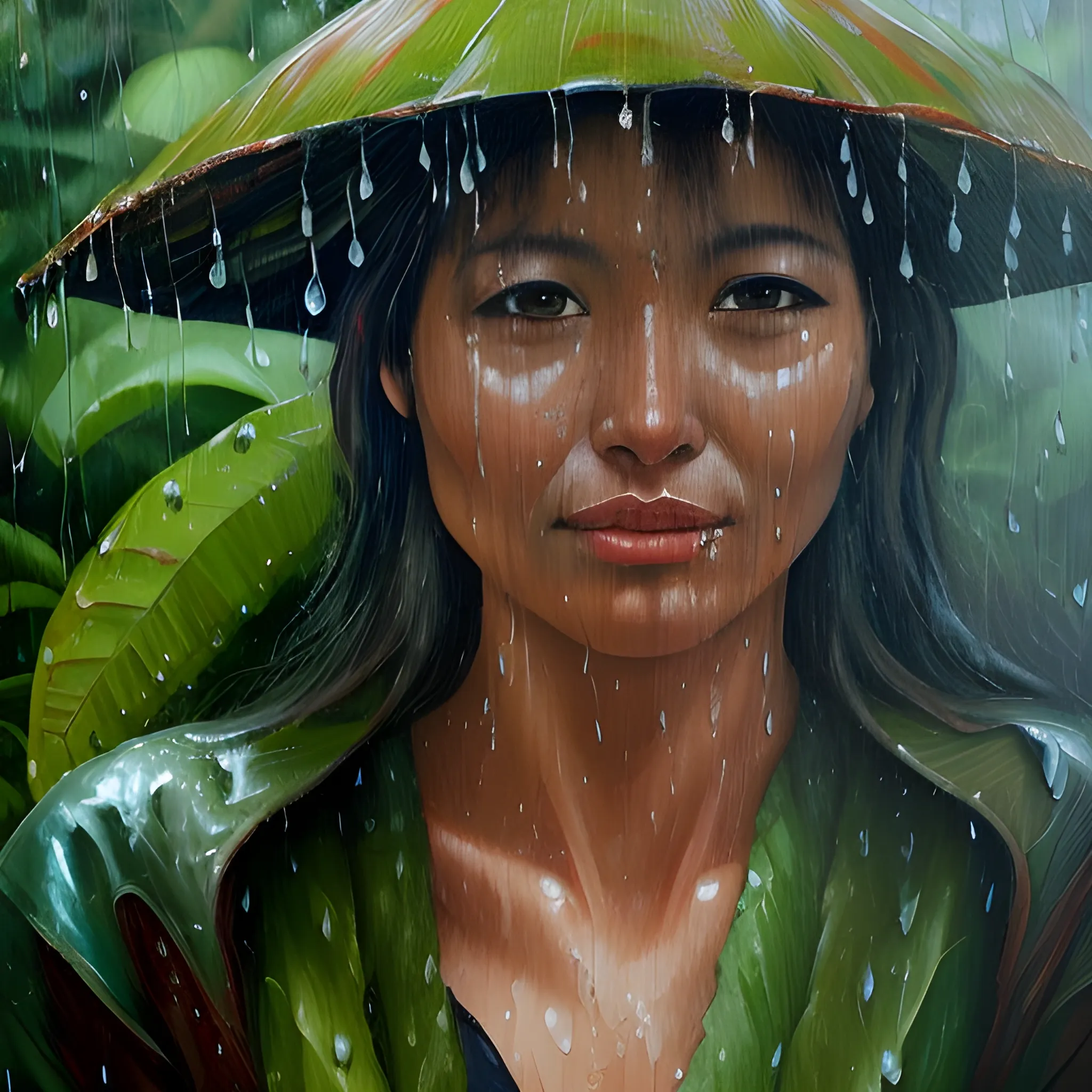 A beautiful woman named Ana in the Bolivian rainforest, with raindrops falling on her face, and the rainforest raining in the background., Oil Painting