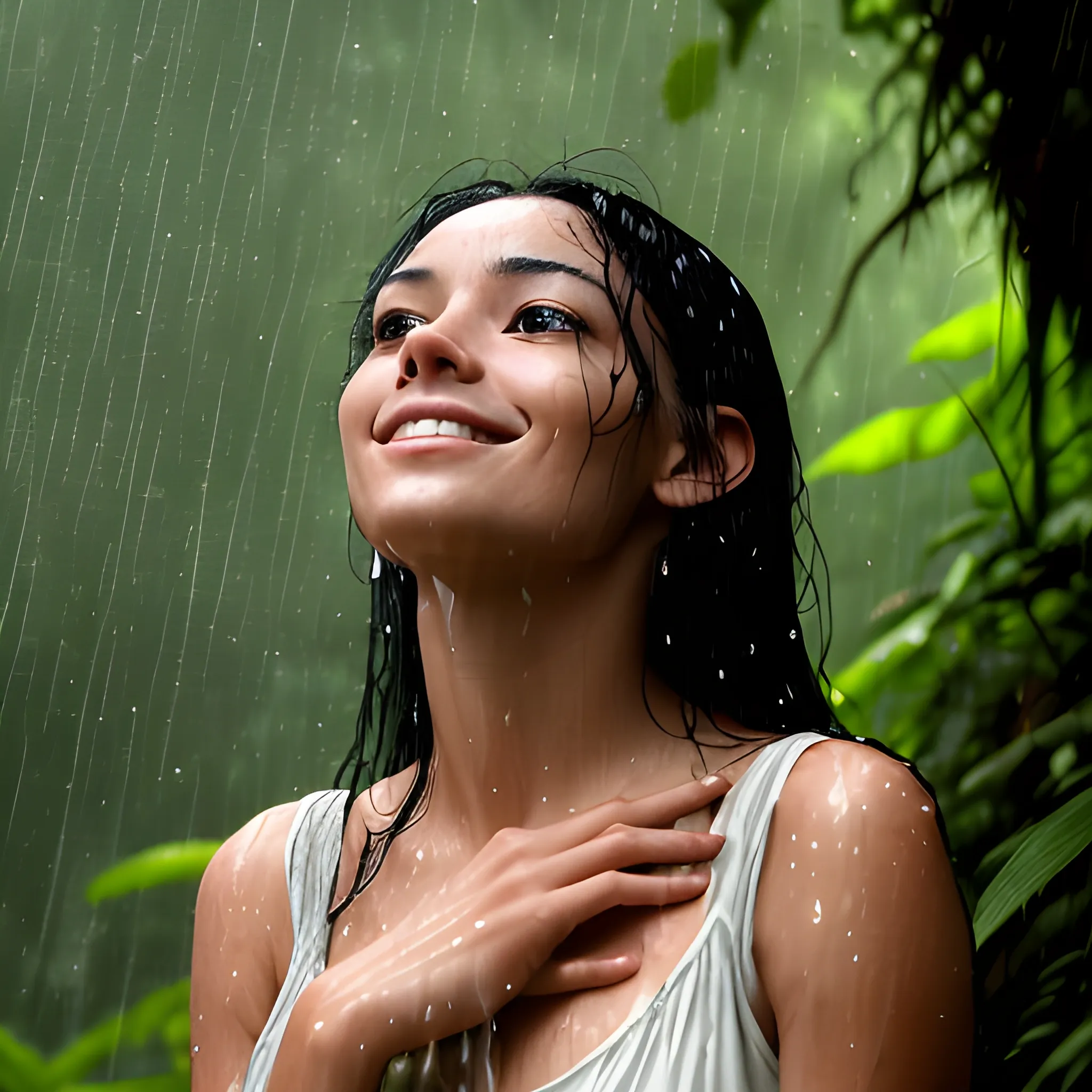 A beautiful woman with straight, jet-black hair, large, beautiful light brown eyes, well-defined lips, and a beautiful face, stands full-length in the Bolivian rainforest, enjoying the raindrops falling on her face as she looks up at the sky as the sun rises and the rainforest rains in the background.

The woman's hair is long and flowing, and it falls down to her shoulders. Her eyes are a deep, rich brown, and they sparkle in the sunlight. Her lips are full and kissable, and her face is perfectly proportioned. She is a vision of beauty.

The woman is standing in a clearing in the rainforest. The rain is coming down in sheets, but she doesn't seem to mind. She is smiling and enjoying the feeling of the rain on her skin. She looks up at the sky as the sun rises, and she is filled with a sense of peace and tranquility.

The rainforest is alive with sound. The birds are singing, the monkeys are chattering, and the insects are buzzing. The woman takes a deep breath and closes her eyes. She She is at one with nature.

The woman stands there for a long time, enjoying the moment. She knows that this is a special moment, and she wants to savor it. She will never forget this day.