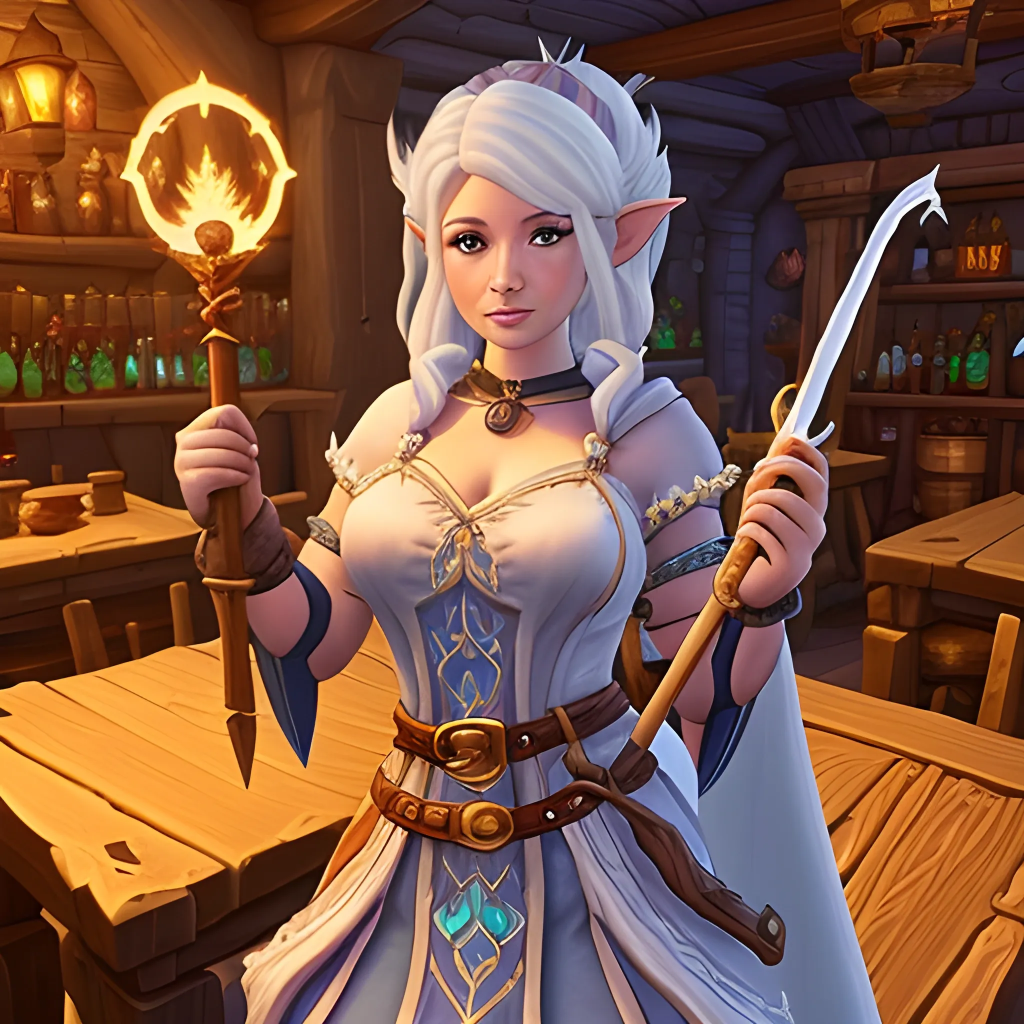 A digital art image of a female Gnome mage, approximately 30 years old, in a World of Warcraft tavern, inspired by Rebecca Ferguson's appearance, with white hair styled in bunches and holding a long magical staff. The Gnome mage, who looks about 30 years old, has white hair in playful bunches and wears a fantasy-style robe with a white leather bodice. She holds a long magical staff that radiates mystical energy. The tavern scene is bustling with various fantasy characters, wooden tables, and mystical decorations, creating a vibrant World of Warcraft atmosphere.