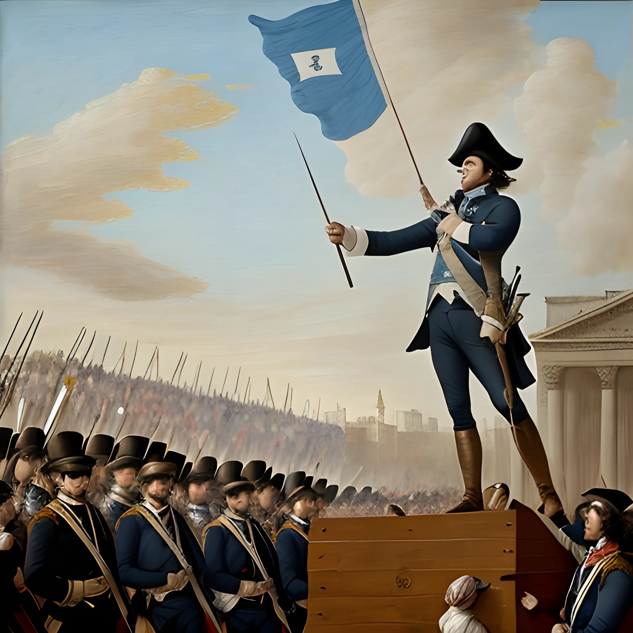 Javier Milei with the Argentine flag guiding the Argentine people towards freedom, imitating the painting titled "freedom guiding the French in the French revolution." It represents the July Revolution of 1830, which occurred in Paris, against the constitutional violations perpetrated by Charles X during the Second Restoration. With the modernity of Buenos Aires in 2018., Oil Painting