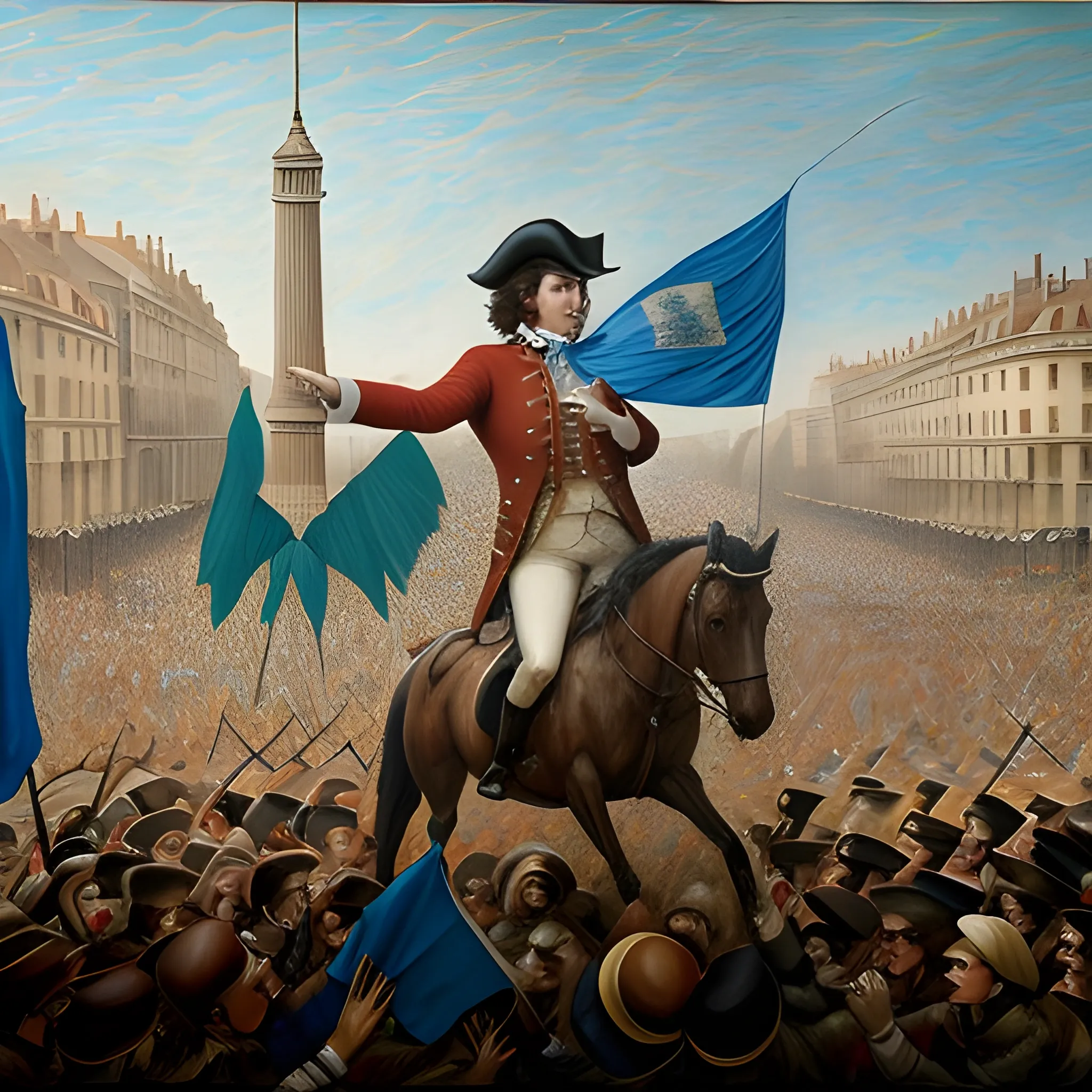 Javier Milei with the Argentine flag guiding the Argentine people towards freedom, imitating the painting titled "freedom guiding the French in the French revolution." With the modernity of Buenos Aires in 2018., Oil Painting, Trippy