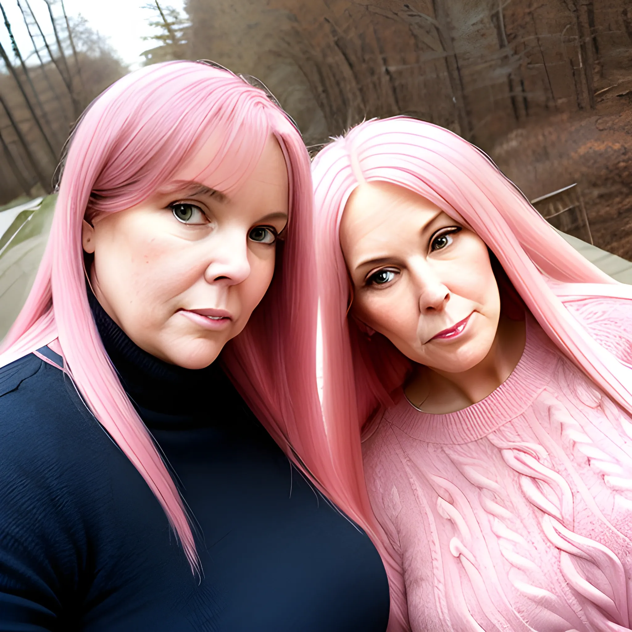 Two tall beautiful plus sized, early middle-aged women with long straight pink hair, fitted sweaters, looking down at the camera, close pov.