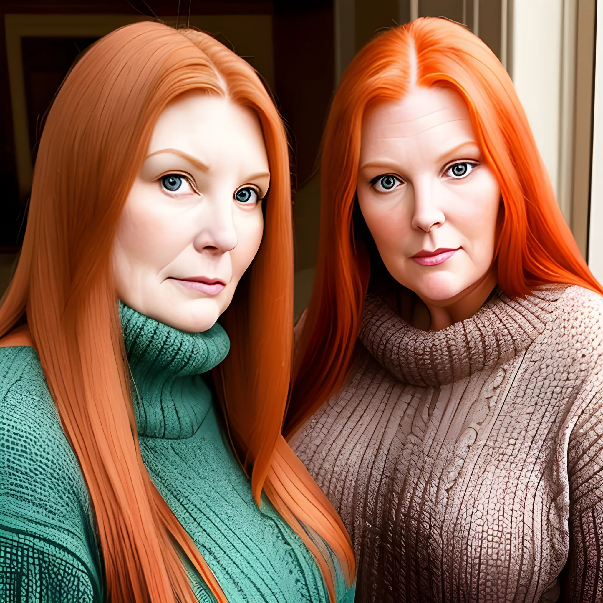 Two tall beautiful plus sized, early middle-aged ginger women with long straight hair, fitted sweaters, looking down at the camera, close pov.