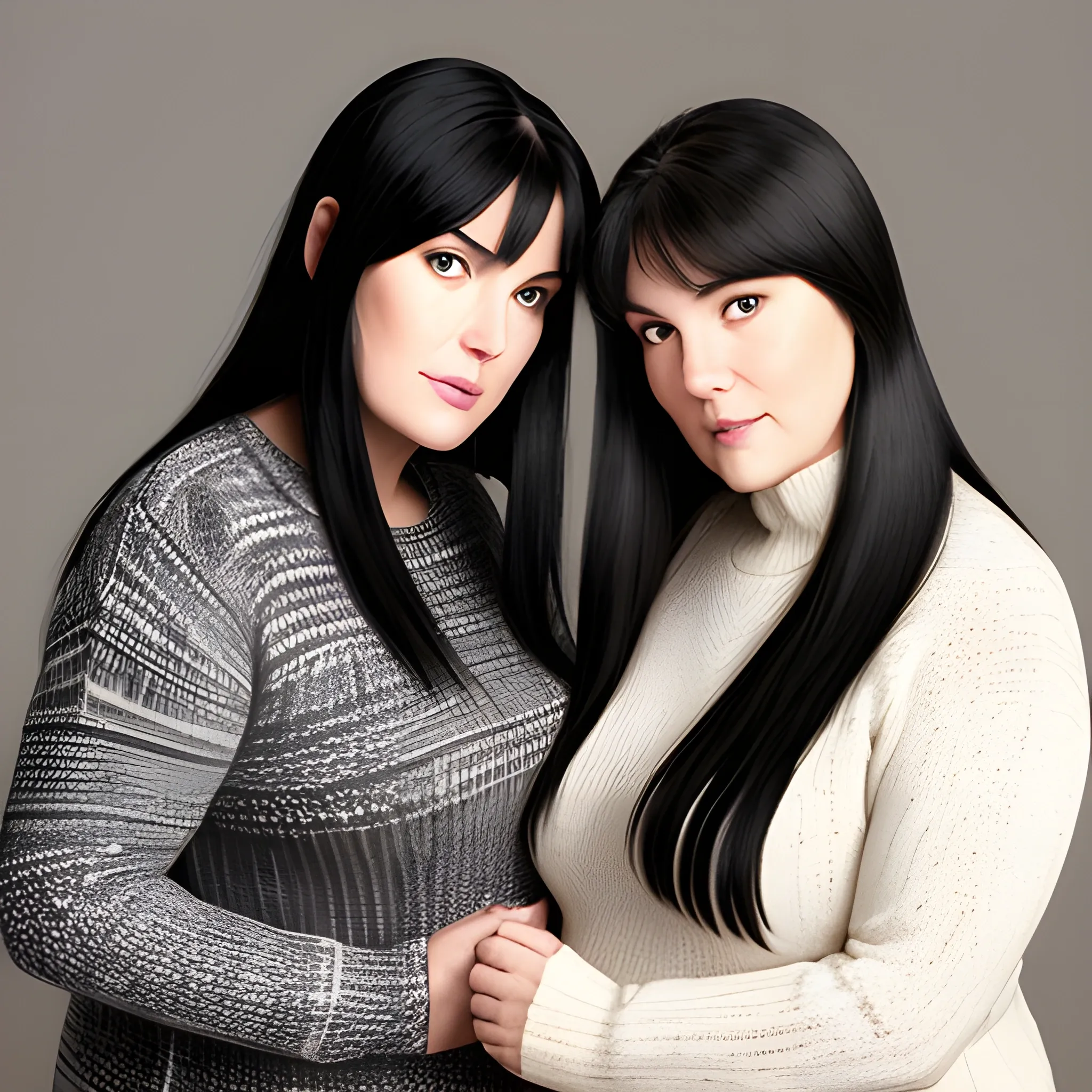 Two tall beautiful plus sized, early middle-aged women with long straight black hair, fitted sweaters, looking down at the camera, close pov, touching