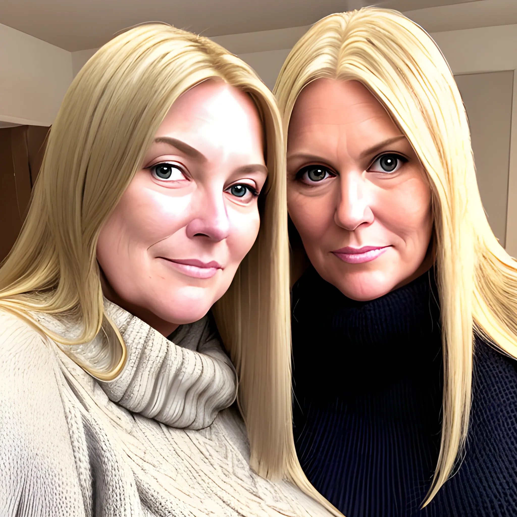 Two tall beautiful plus sized, early middle-aged blonde women with long straight hair, fitted sweaters, looking down at the camera, up close pov, touching