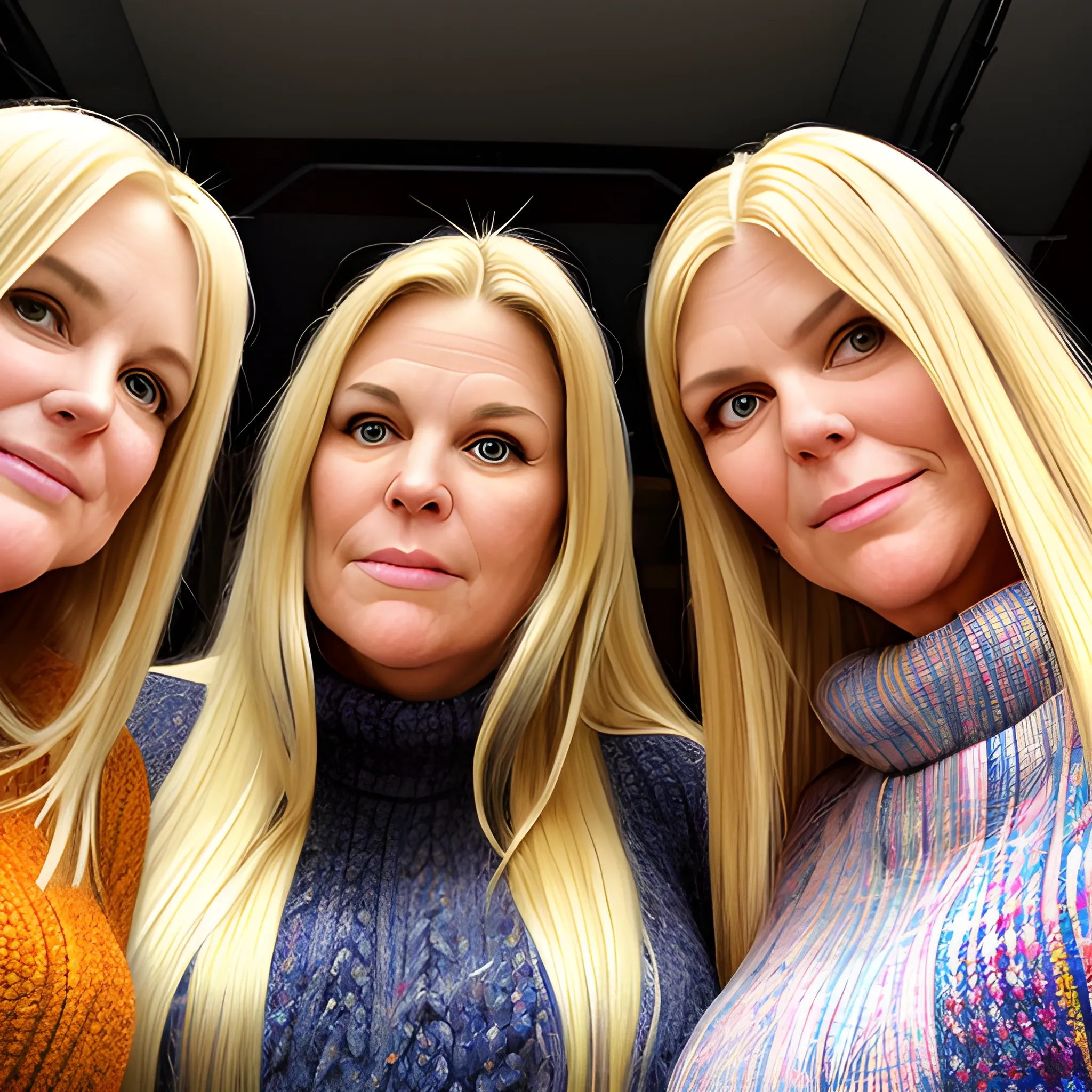 Three tall beautiful plus sized, early middle-aged blonde women with long straight hair, multicolored fitted sweaters, looking down at the camera, up close pov, touching