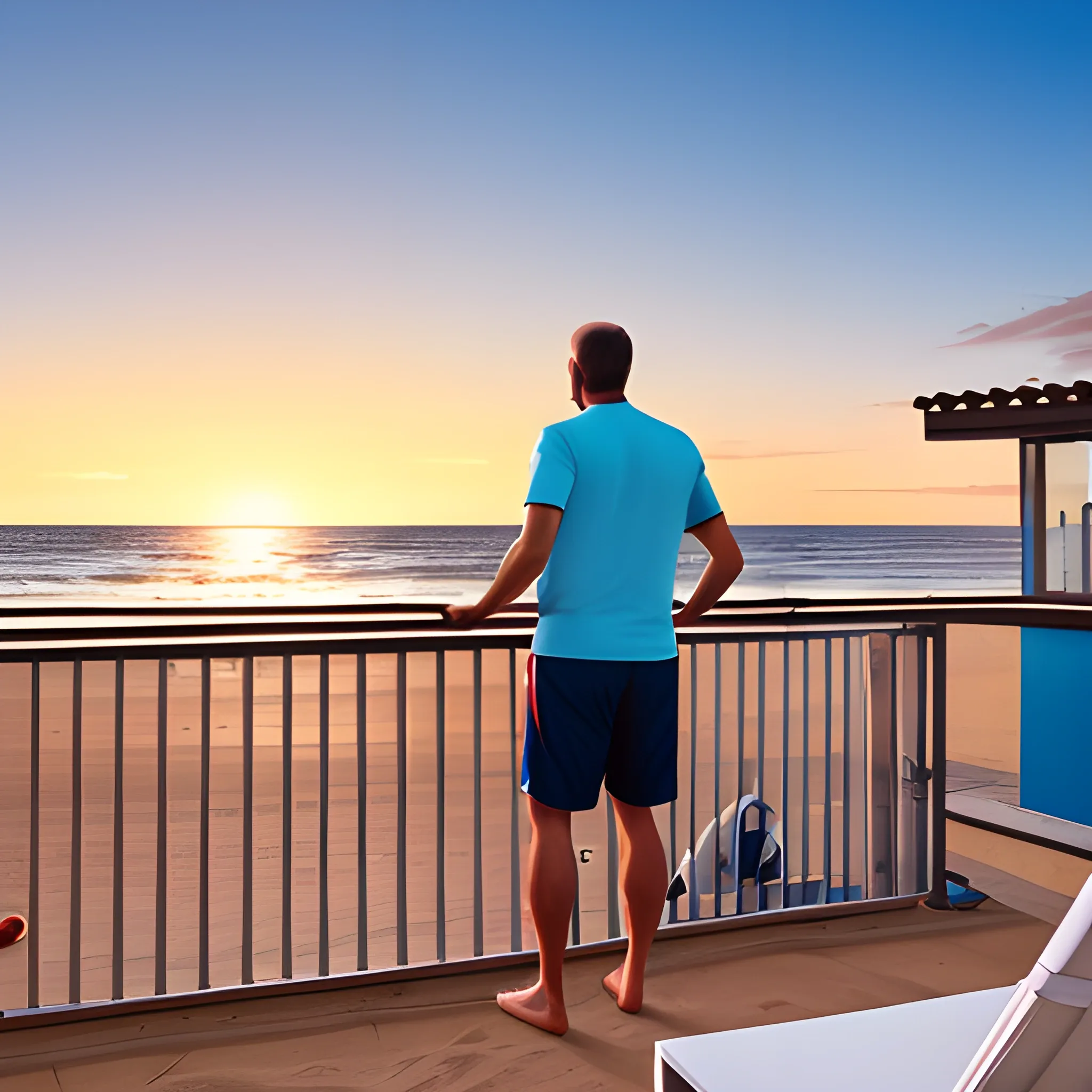 gentle friendly and sporty man watching the beach, the sea and the sky at sunset from a terrace