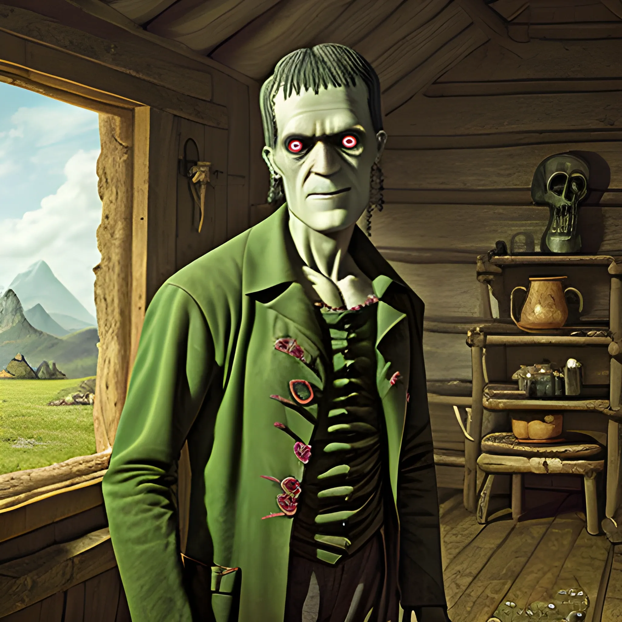 Frankenstein inside a hut