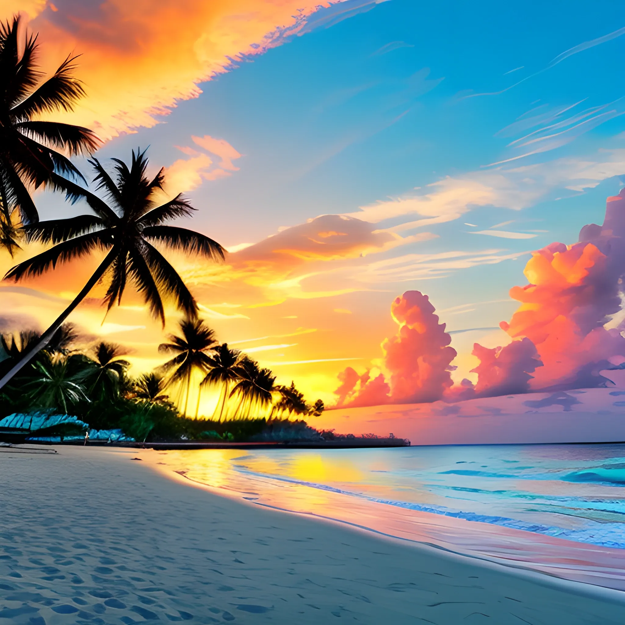 the tropical beach, the sea, the sunset and the clouds in the sky seen from a tropical palm grove