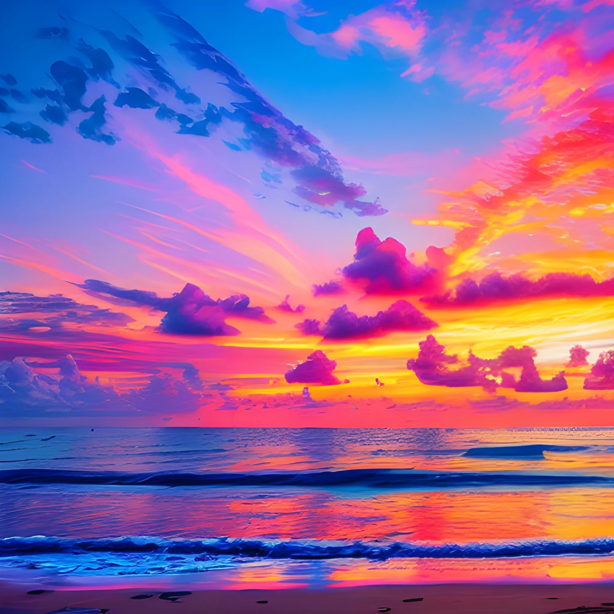 the tropical beach, the sea, the sunset and the colorful clouds in the sky