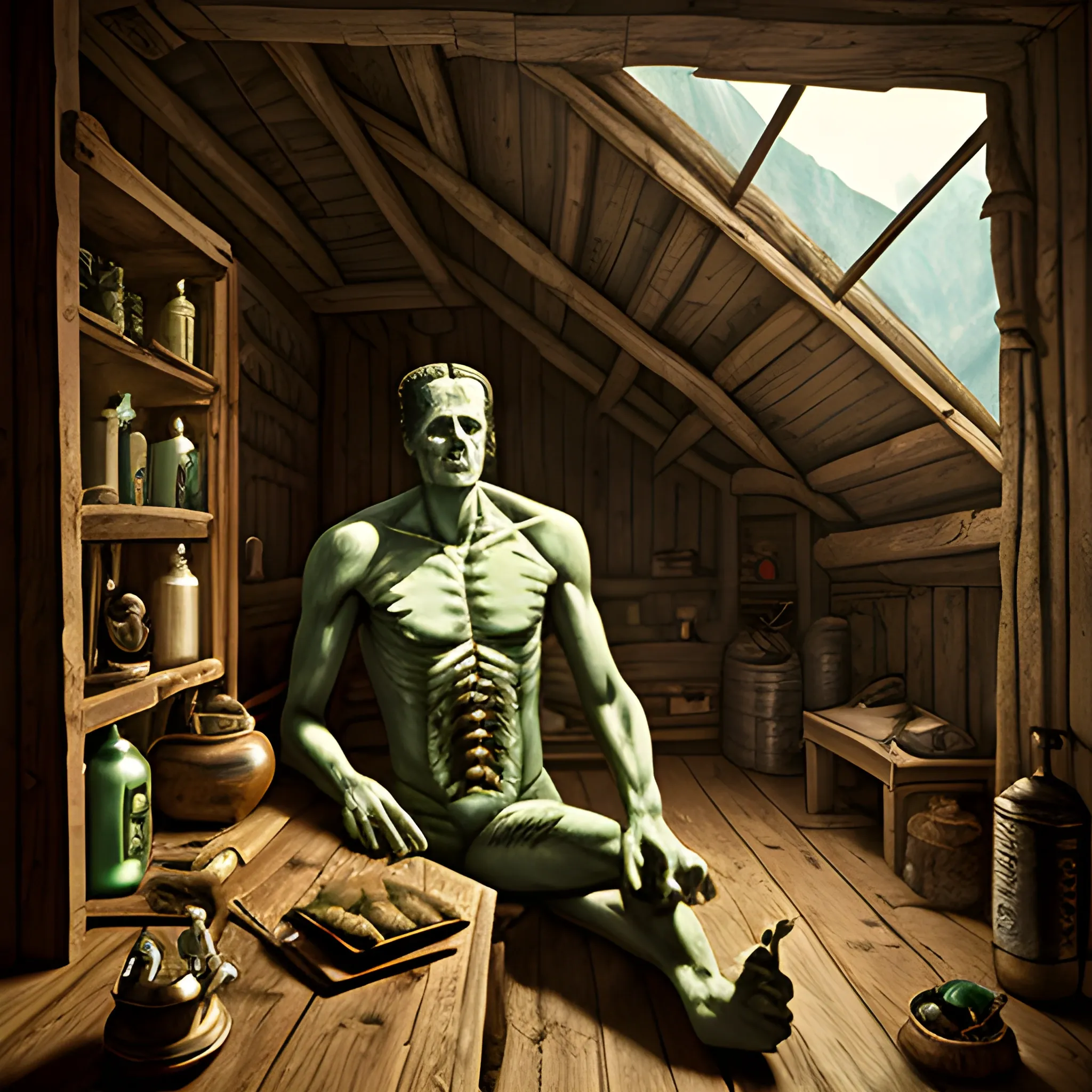 Frankenstein inside a hut