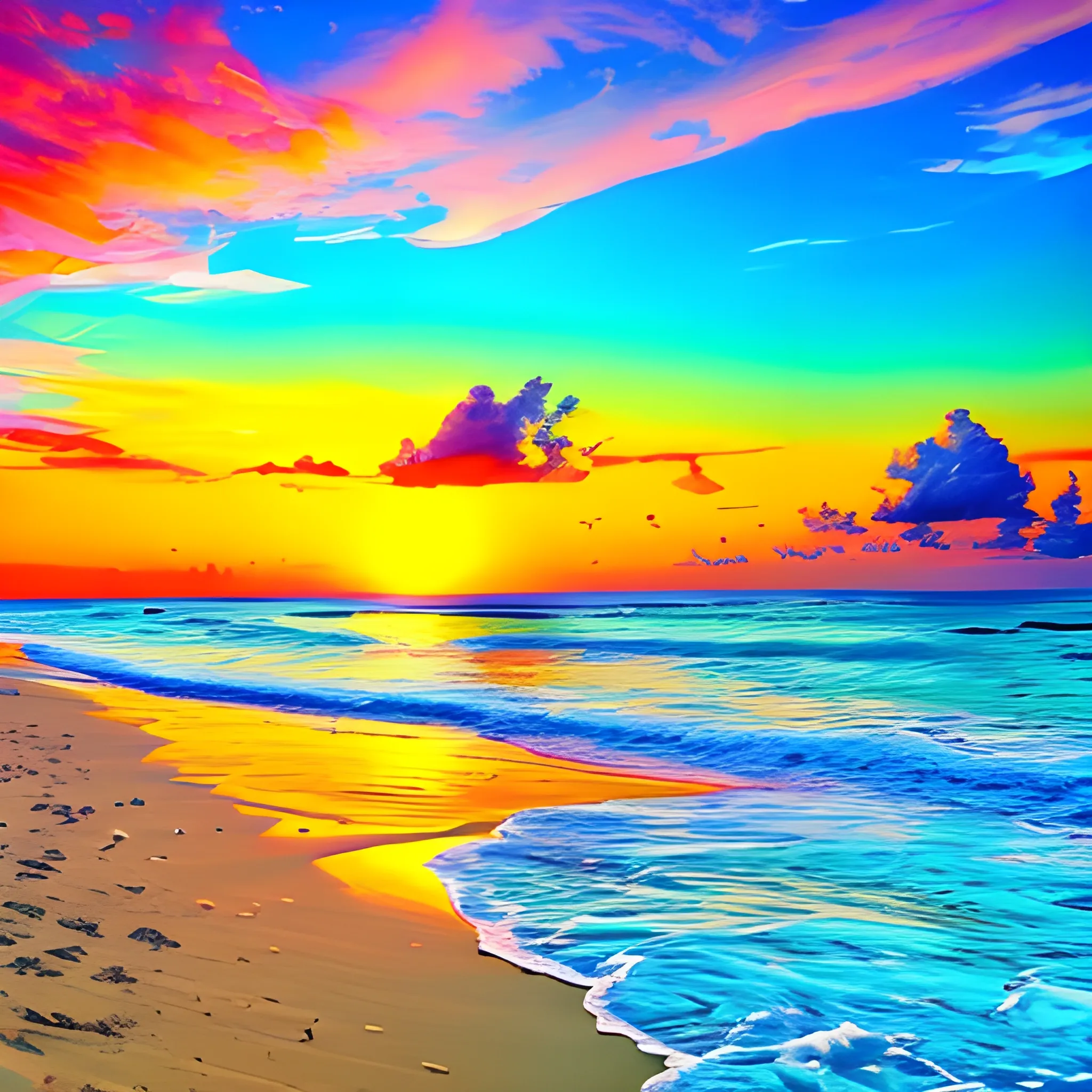 the tropical beach, the sea, the sunset and the colourful clouds in the sky