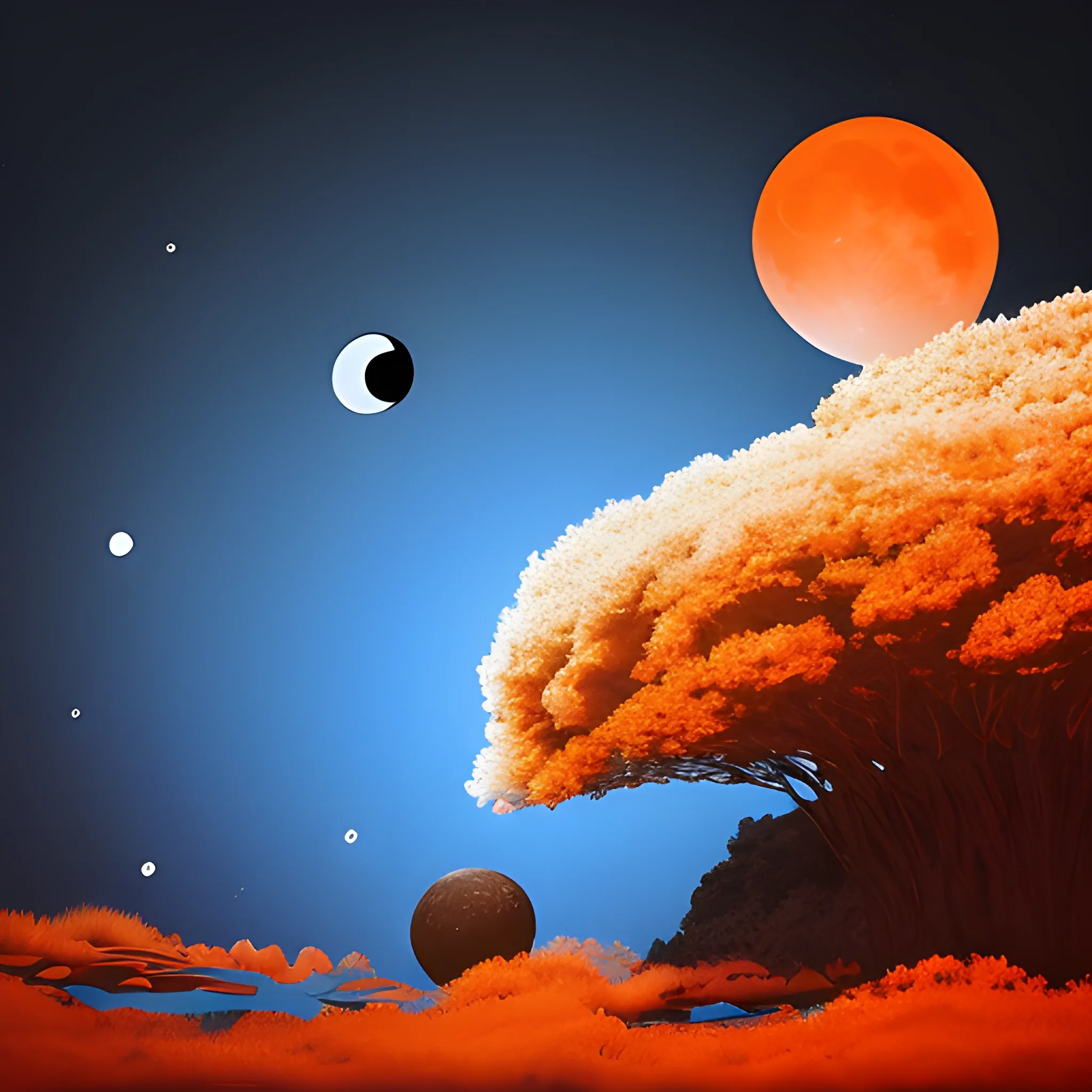 landscape,  at night big planets and the moon on the sky blue orange and white are the three colors that overstand the most , Trippy