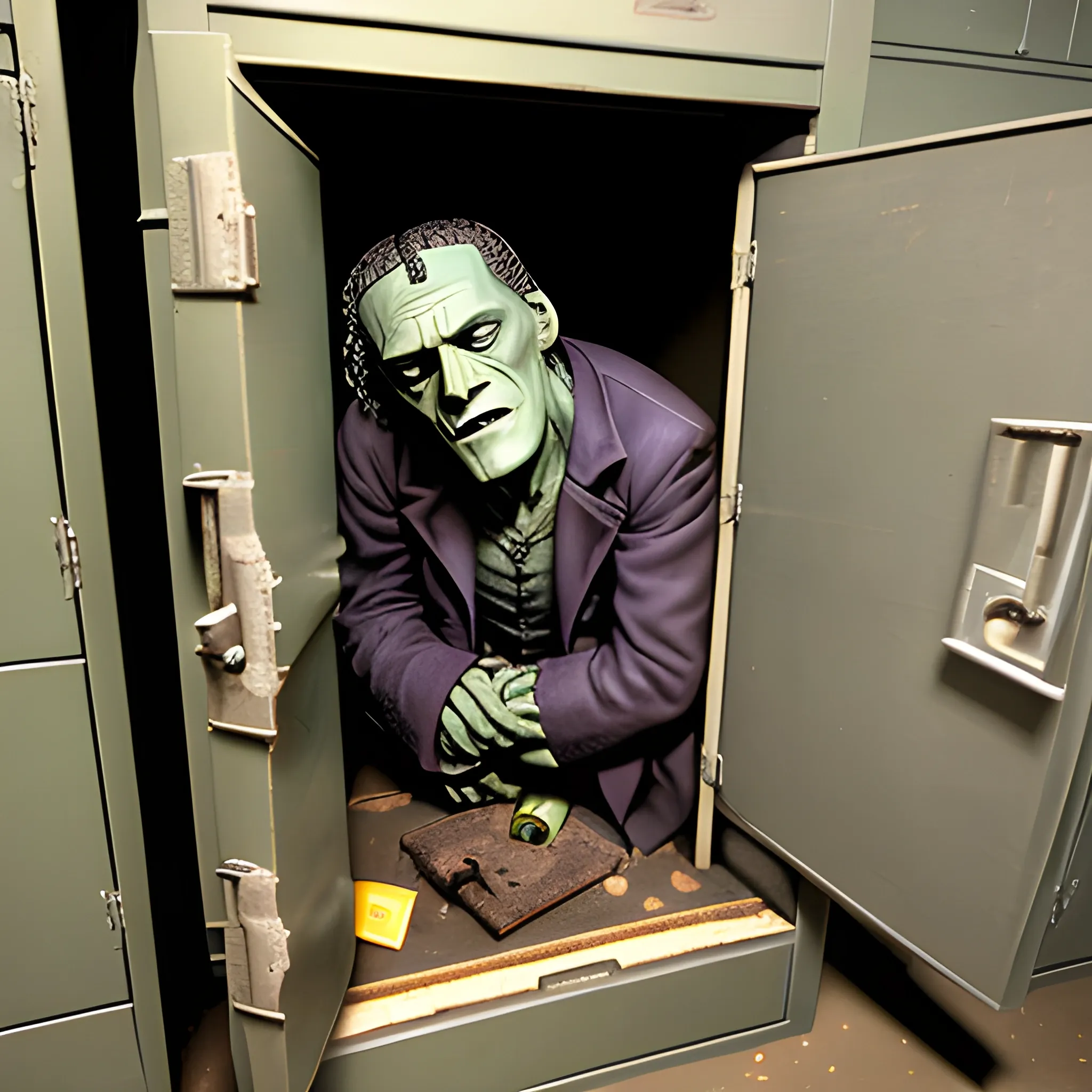 frankenstein hidding something inside a locker