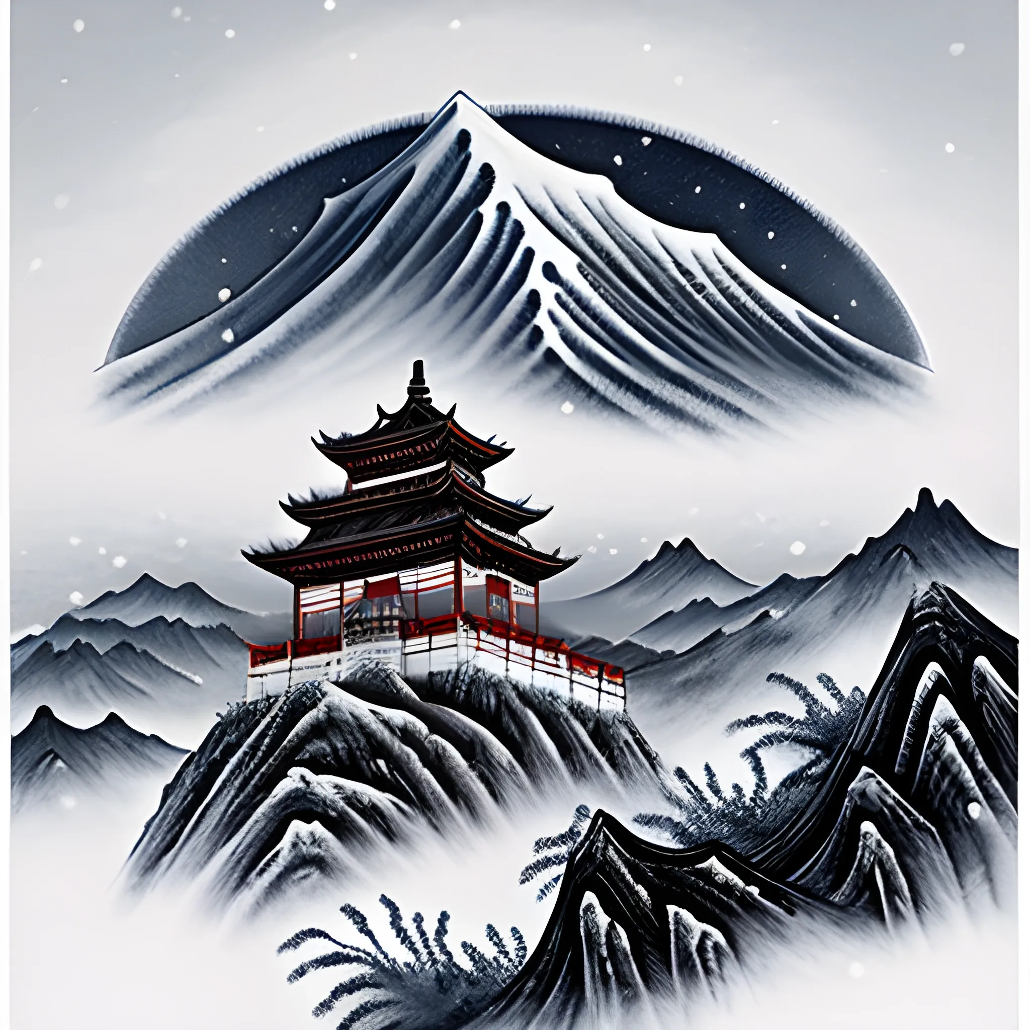 Mysterious Chinese mountain scenery, moon phase, snow and fog, pagoda, traditional ink style, ultra-high details, ultra-high definition