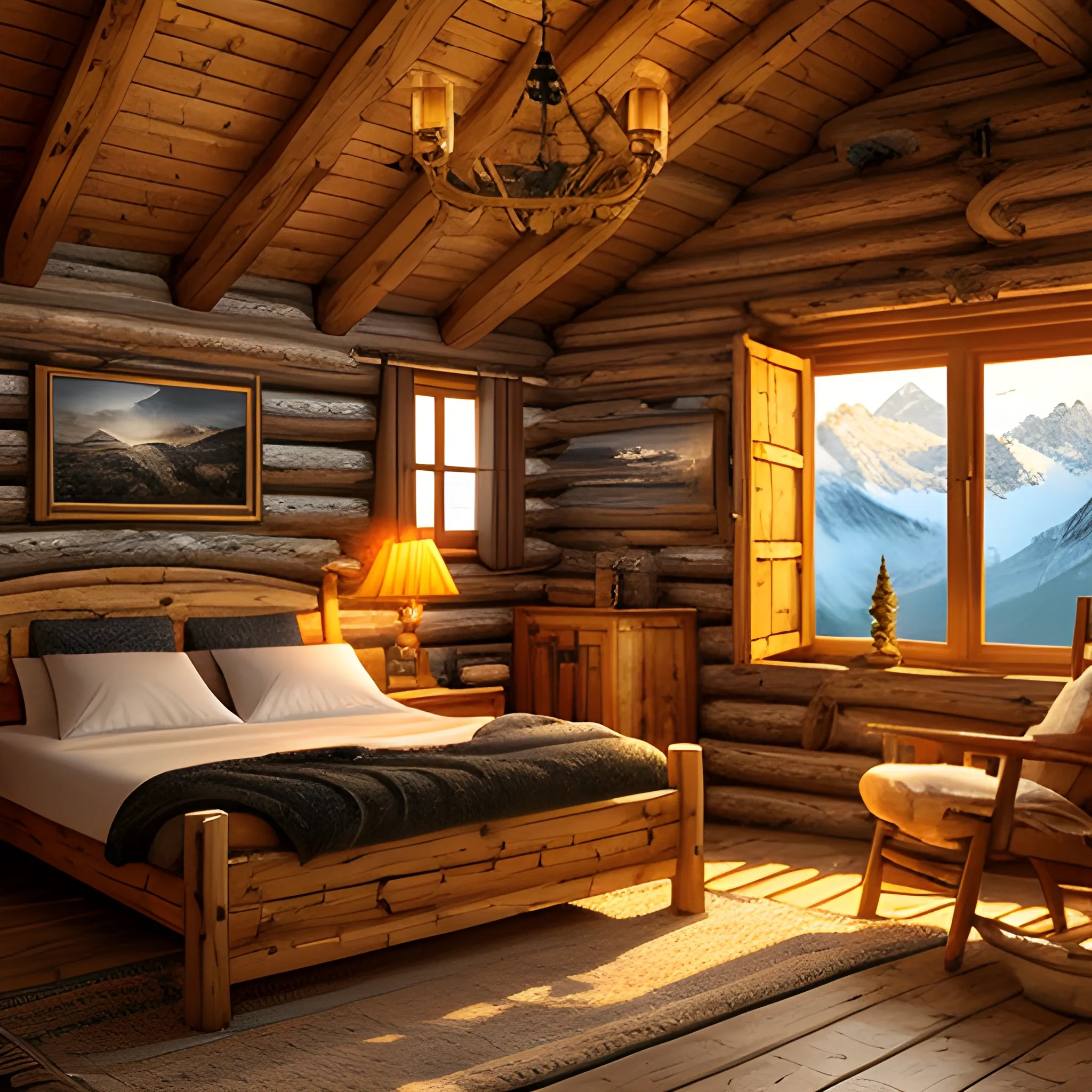 Mountain hut, warm light, fine details, high definition, realism, spectacular light