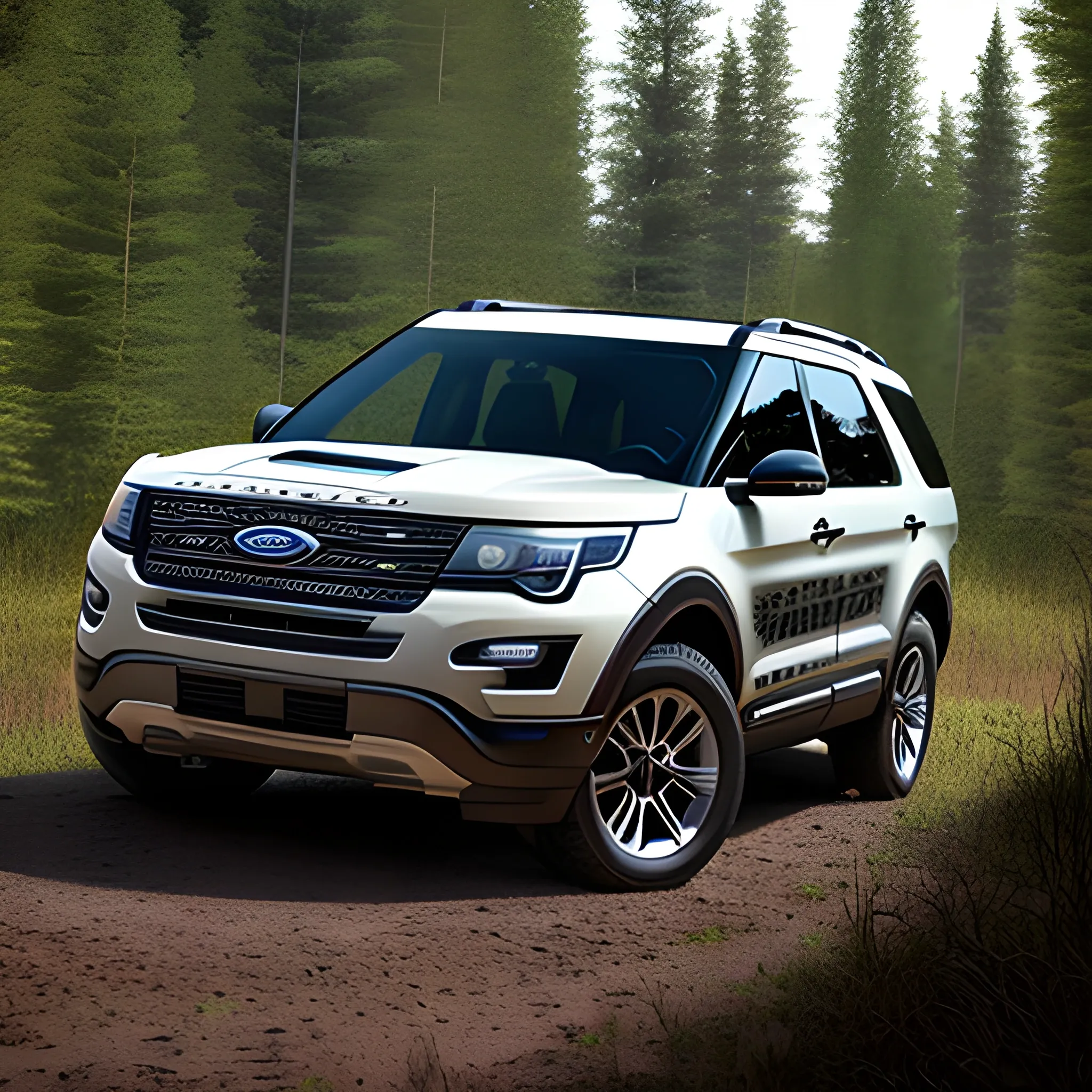 hiperrealistic image of a car that combines the style of ford explorer trunck and bronco front 2023. 3/4 view, in the nature with forest in the background.