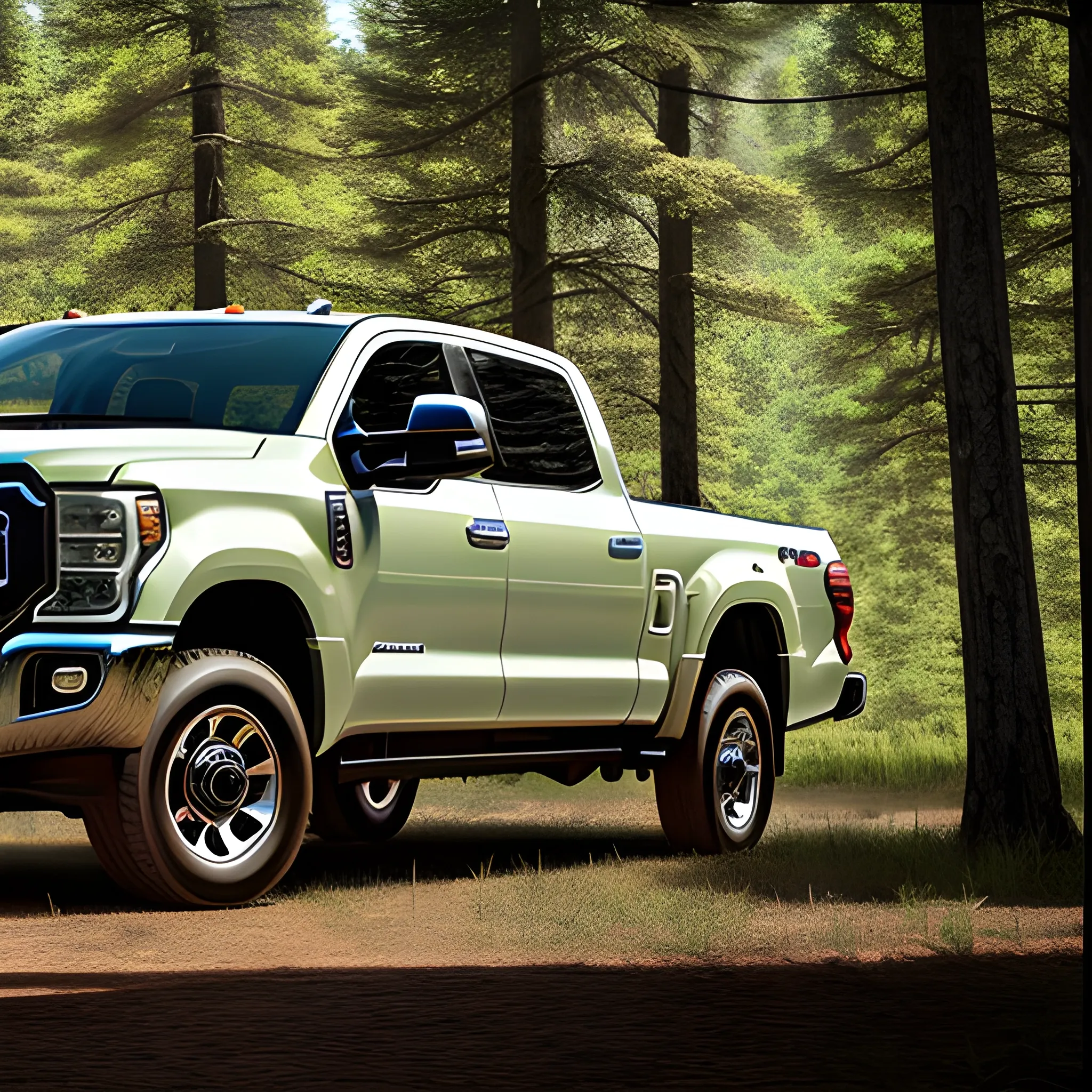 hiperrealistic image of a car that combines the style of Toyota Tundra TDR Pro and Ford F-350 Super Duty. 3/4 view, in the nature with forest in the background.