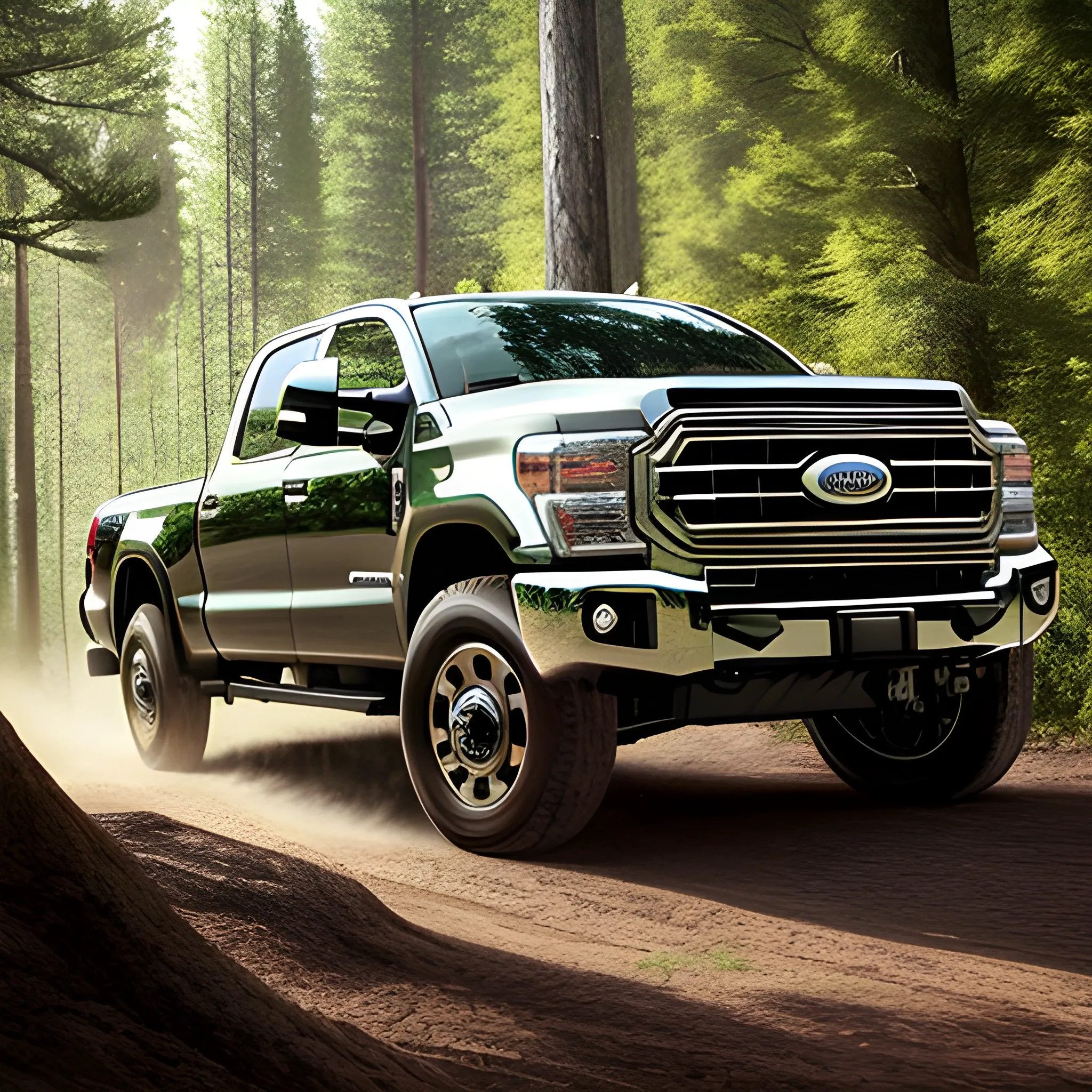 hiperrealistic image of a car that combines the style of Toyota Tundra TDR Pro and Ford F-350 Super Duty. 3/4 view, in the nature with forest in the background.