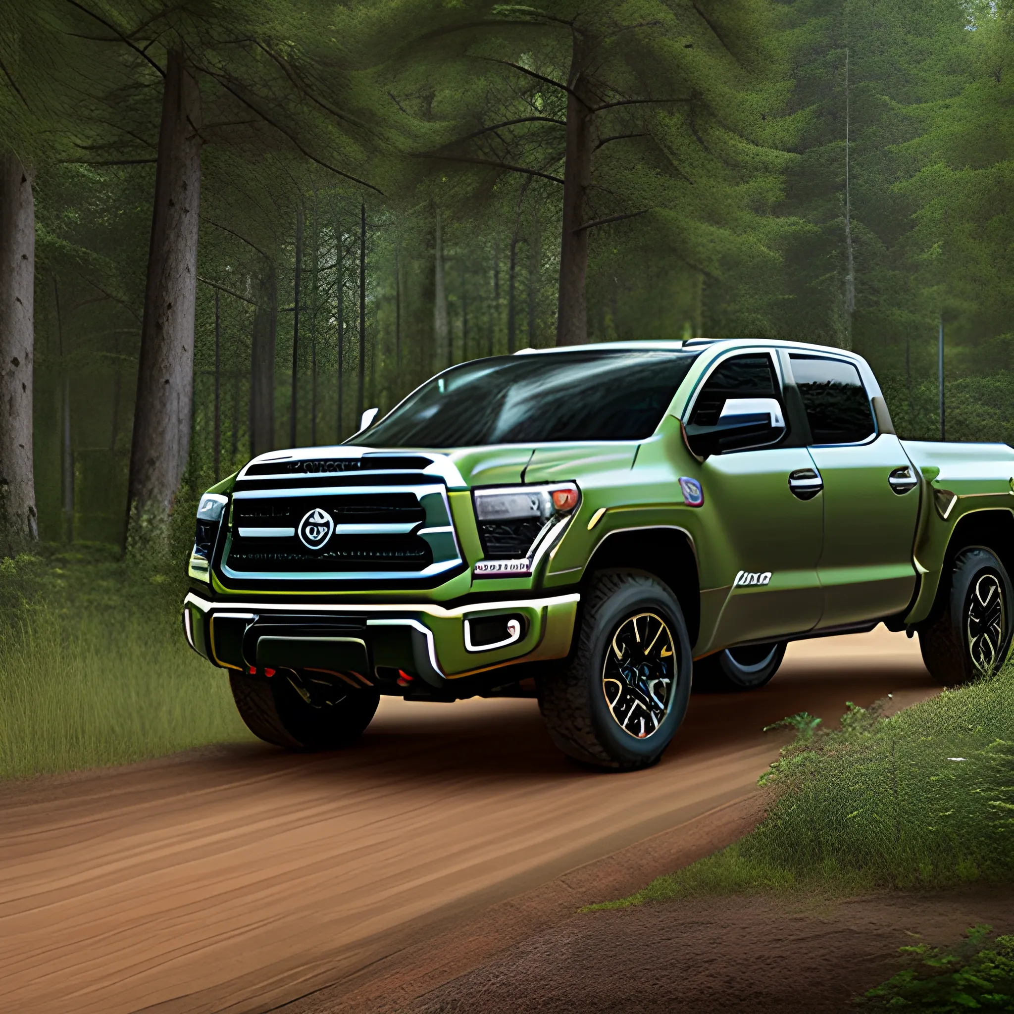 hiperrealistic image of a car that combines the style of Toyota Tundra TDR Pro and Nissan Titan. 3/4 view, in the nature with forest in the background.