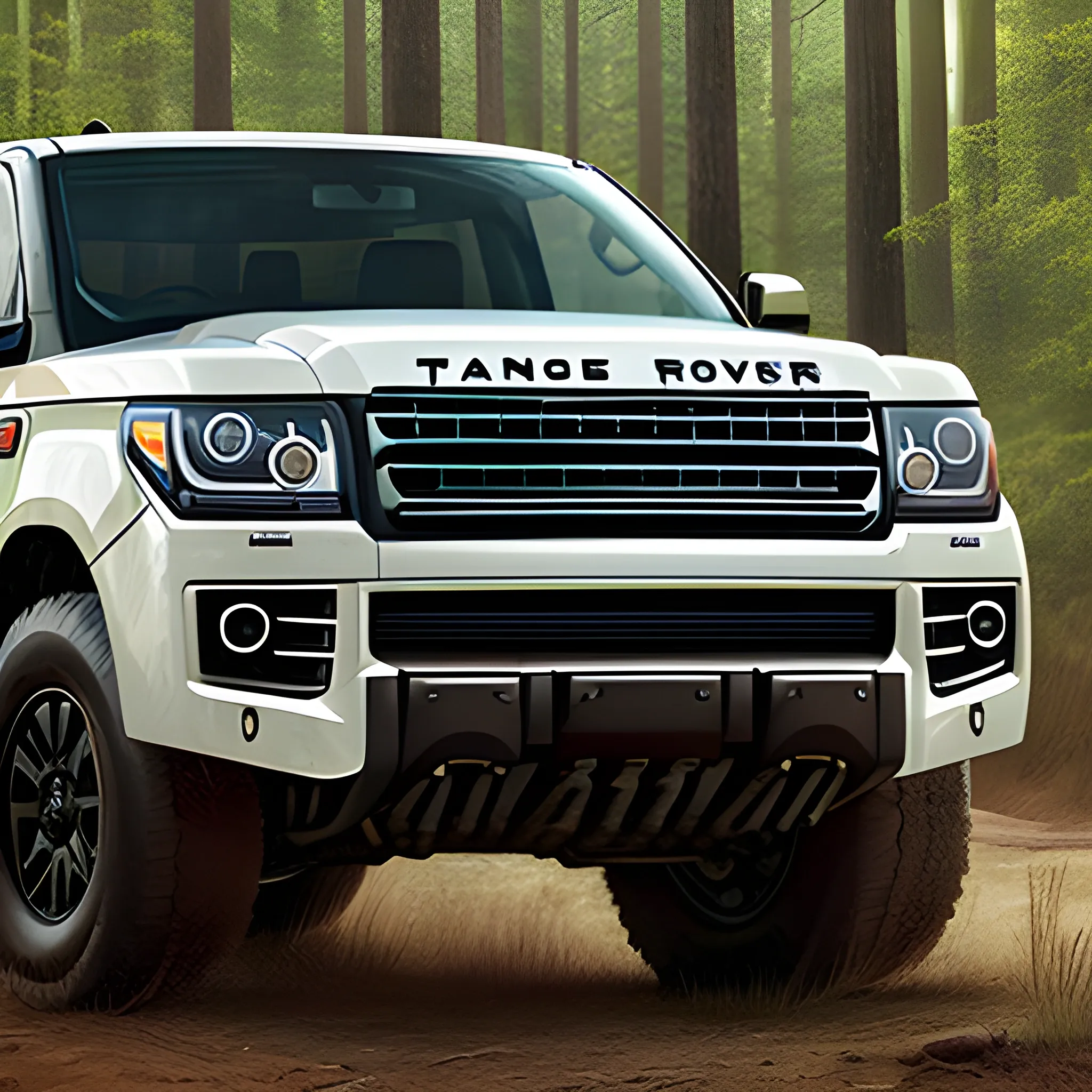 hiperrealistic image of a truck car that combines the style of Toyota Tundra TDR Pro and some front details of the range rover. 3/4 view, in the nature with forest in the background.