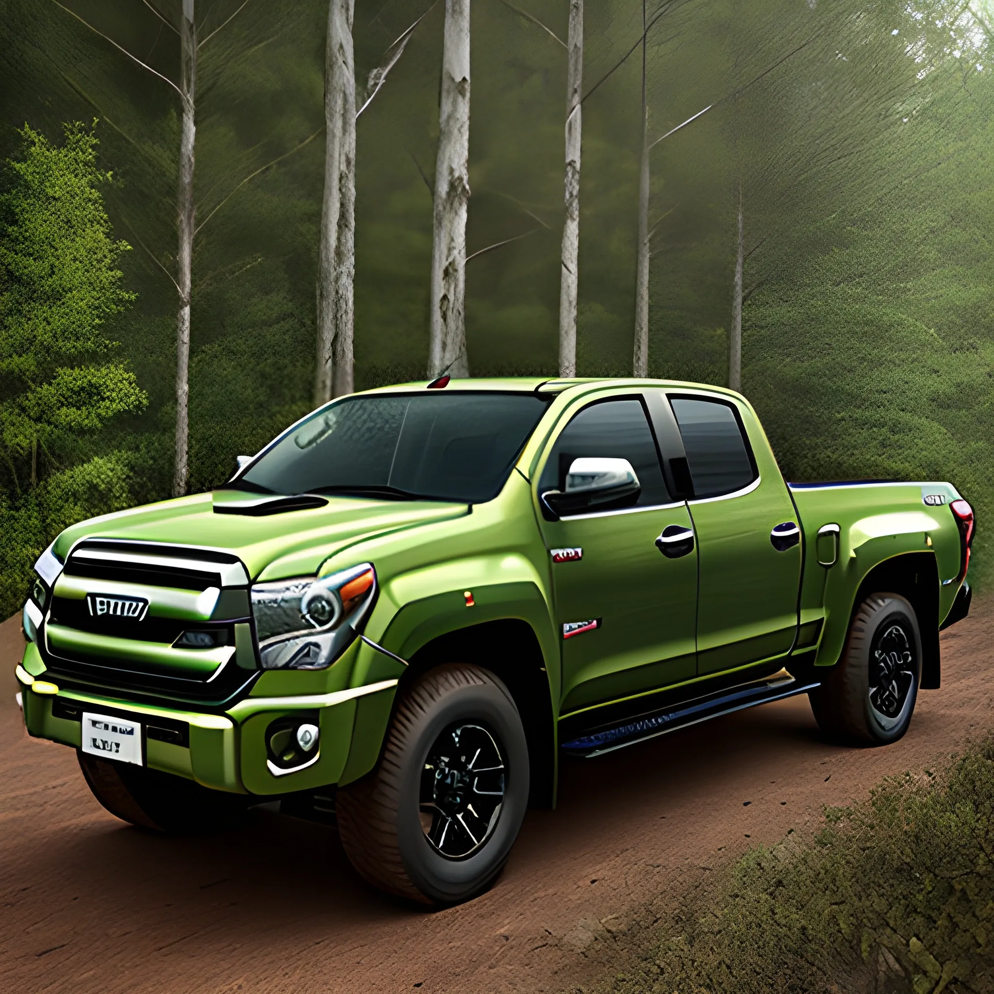 hiperrealistic image of a truck car that combines the style of Toyota Tundra TDR Pro and some details of the Isuzu D-Max. 3/4 view, in the nature with forest in the background.