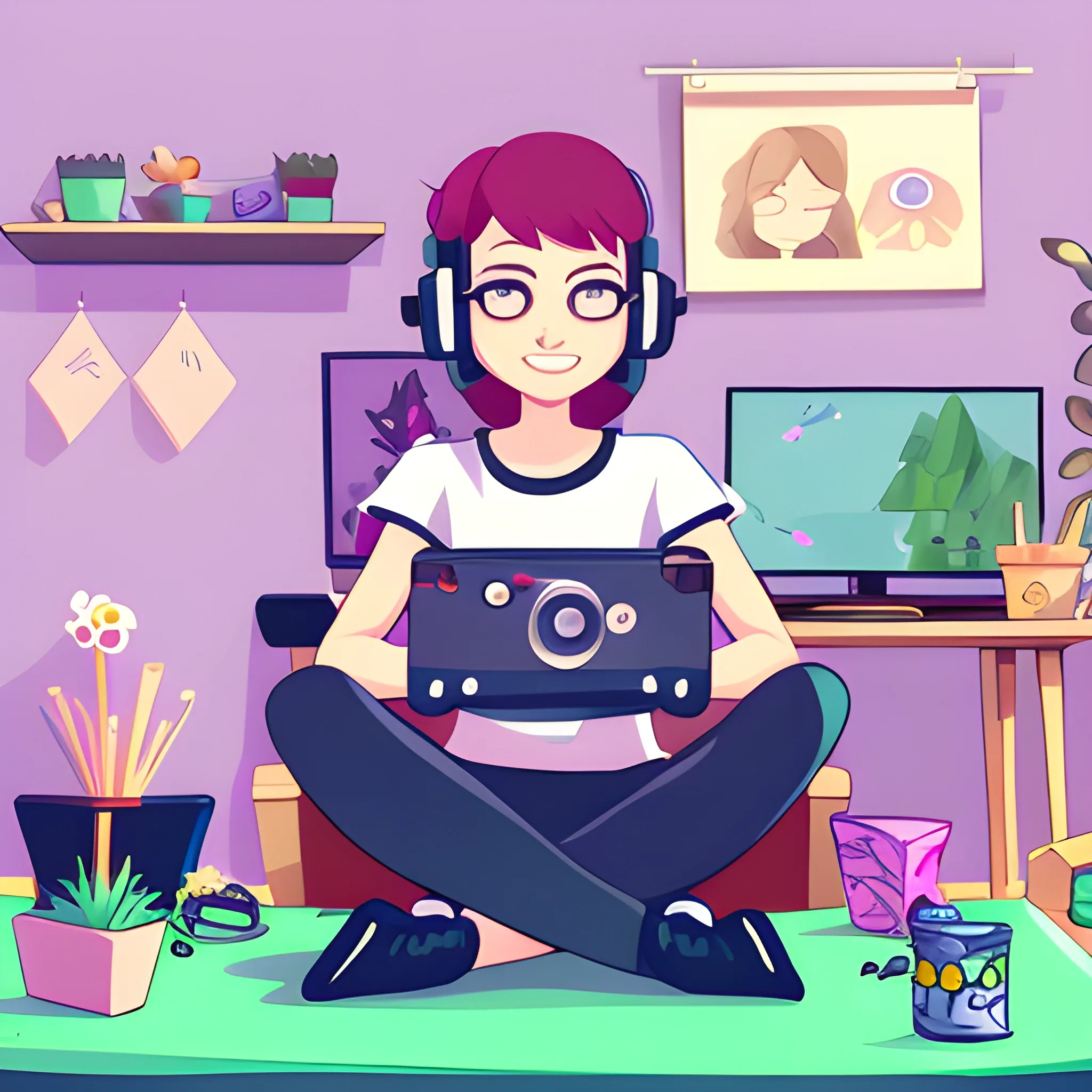 Beautiful streamer, playing game, sitting in her studio, 2d hd, Cartoon