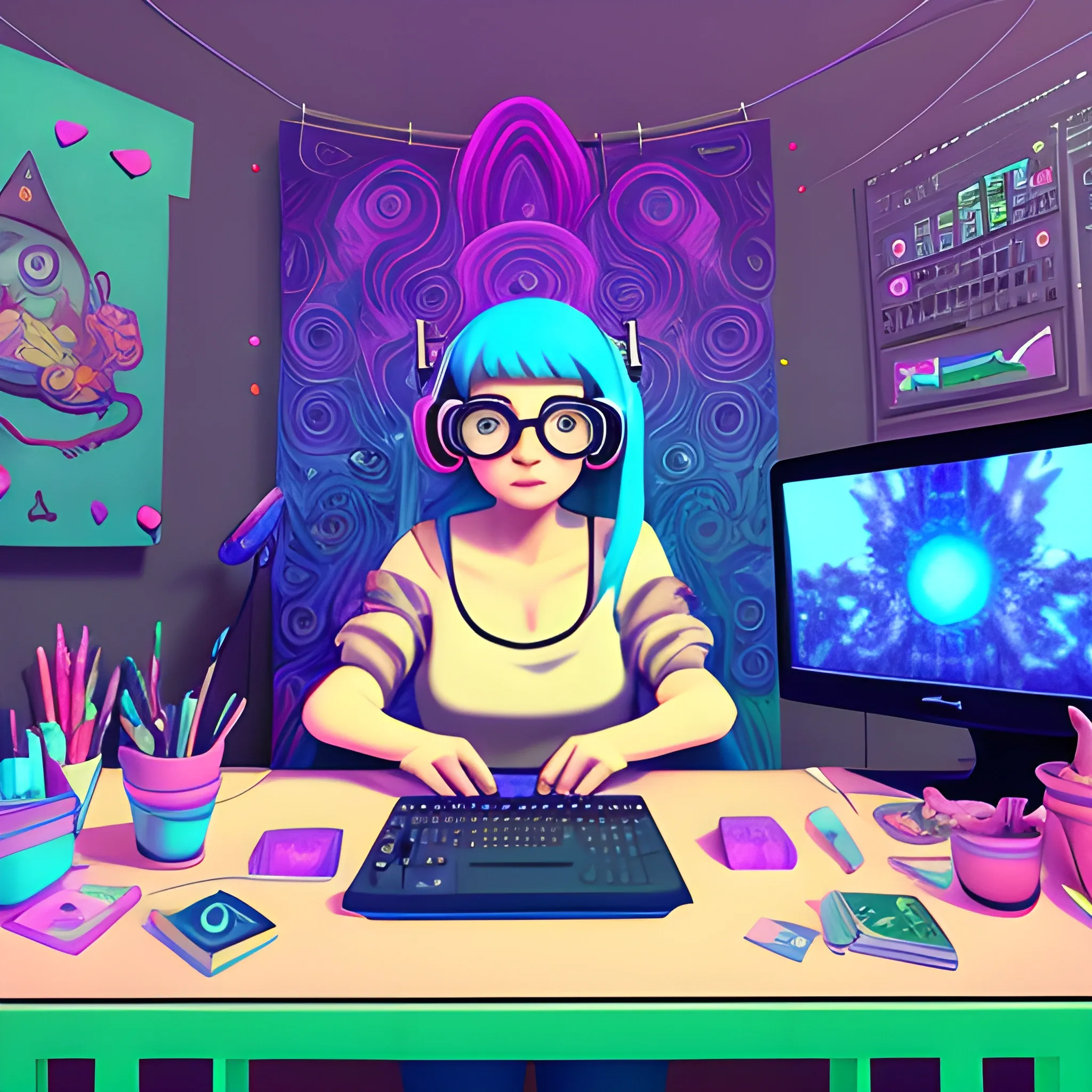 Beautiful streamer, playing game, sitting in her studio, 3d hd, Cartoon, Trippy