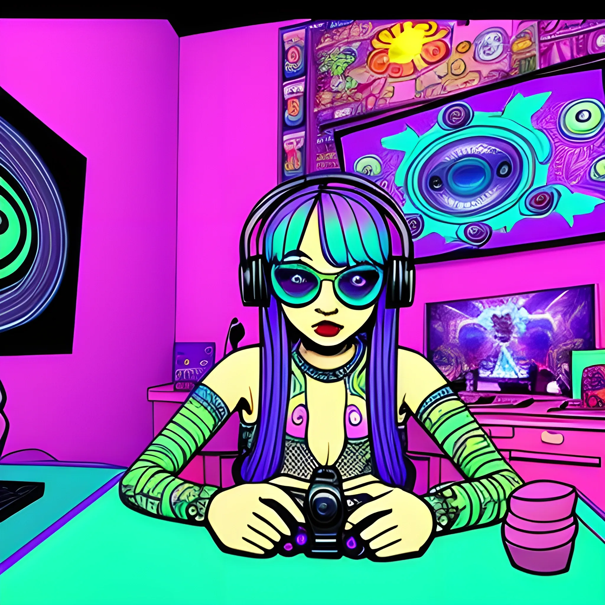Beautiful hot streamer, playing game, sitting in her studio, 3d hd, Cartoon, Trippy, Trippy, Trippy, Trippy, Trippy