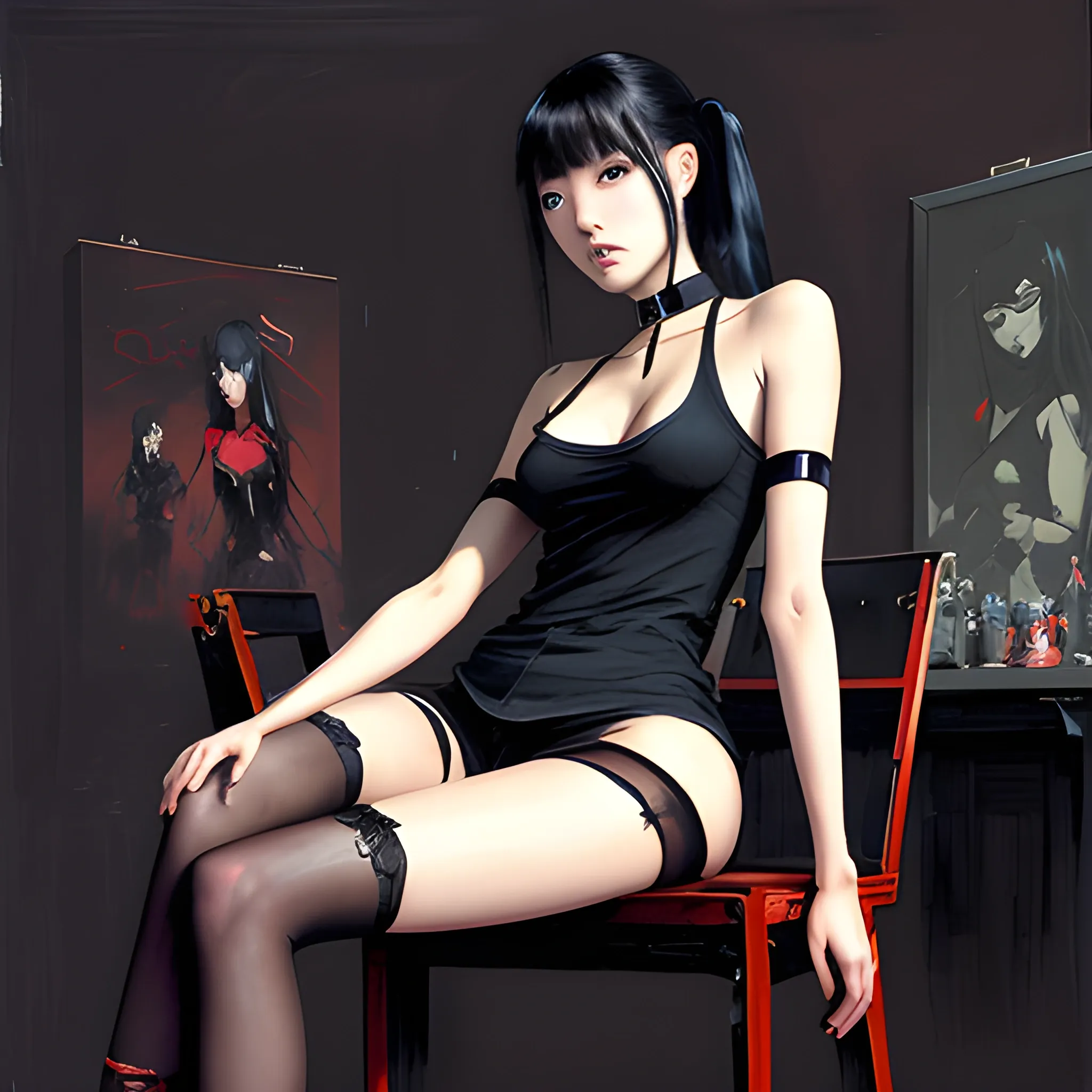 dark painting, intensive colors, court, casual fashion shot of a sexy korean cheap damsel in distress, wearing stockings ,   longhaired, symmetric face, manga eyes,  full figure, fit,  tight shirt, choker, legs, knees, high heels, sitting on the chair, sinister art by Greg Rutkowski, Oil Painting