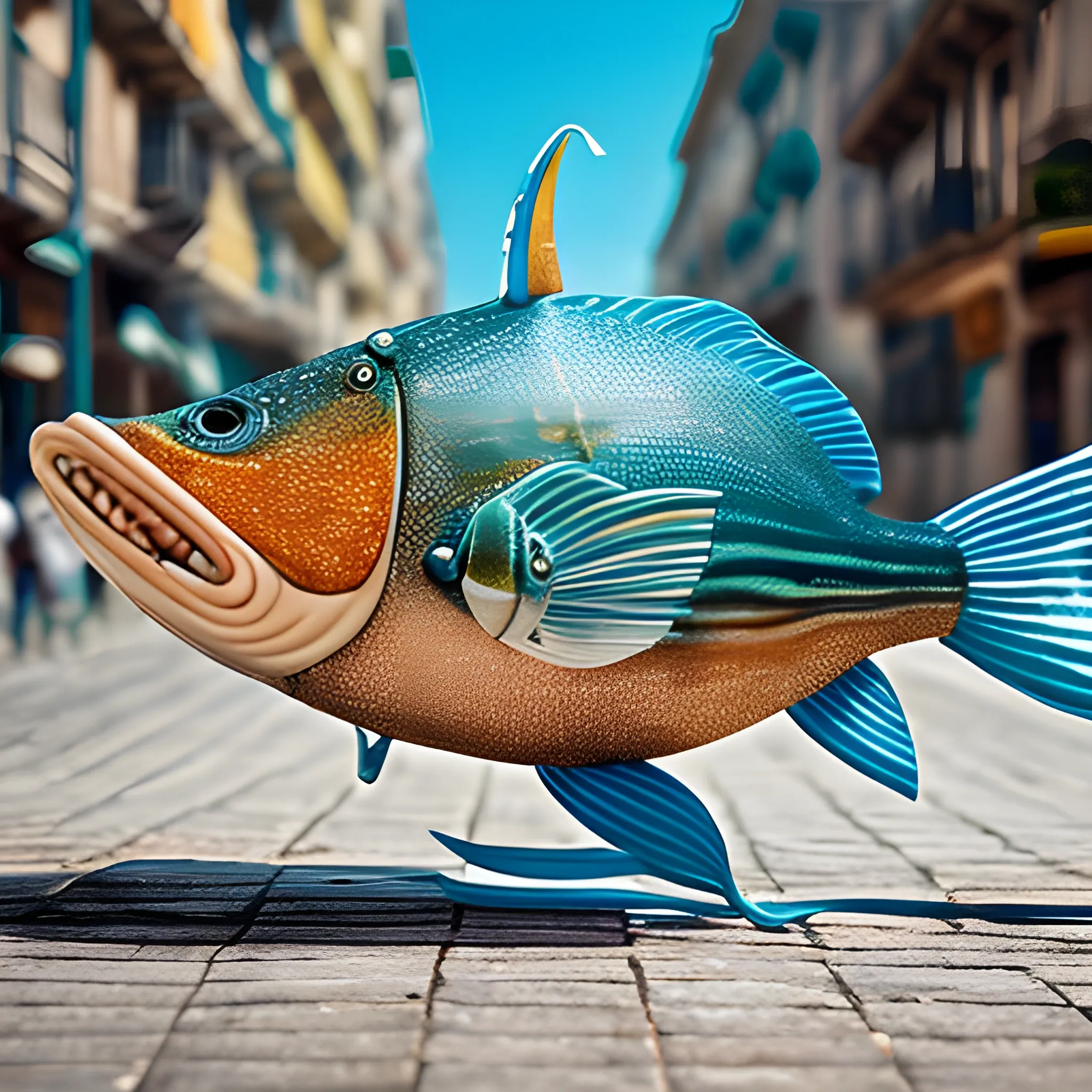 crea un pescado con detalle realistico, andando en bicicleta dentro de la ciudad, calidad fotografica, 4k
