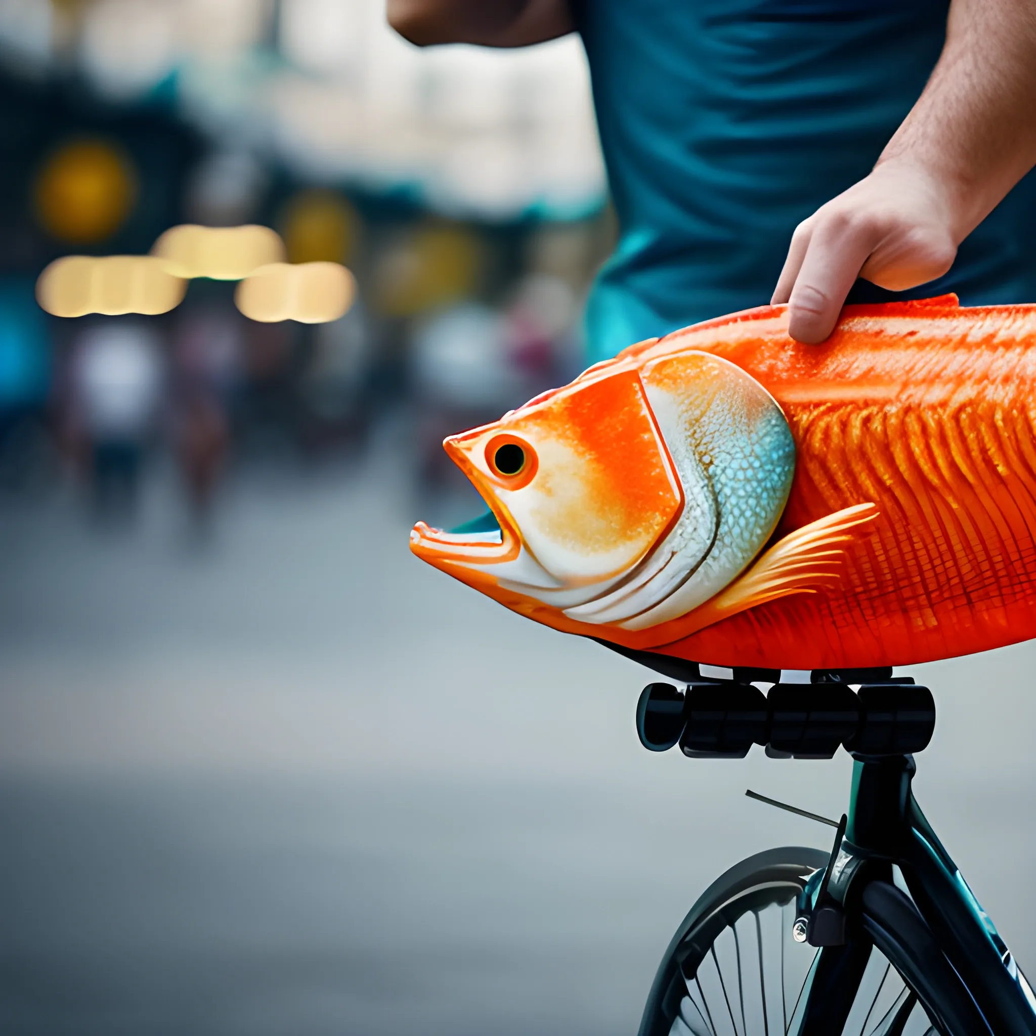 crea un pescado, montando una bicicleta dentro de la ciudad, calidad fotografica, 4k
