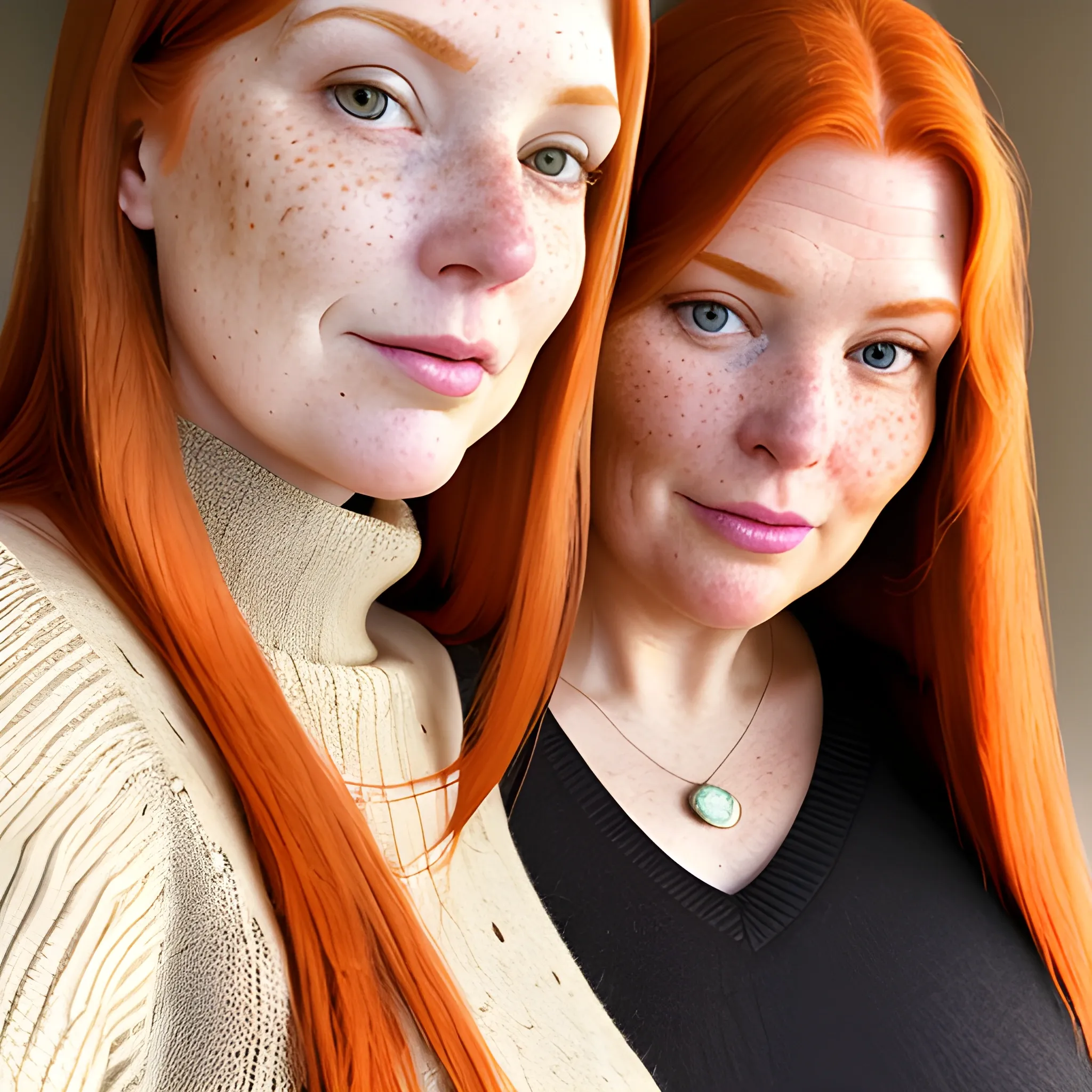  Tall beautiful, curvy, plus-sized, early middle-aged ginger women, freckles, with long straight hair, fitted sweaters, looking down at the camera, up close pov, touching