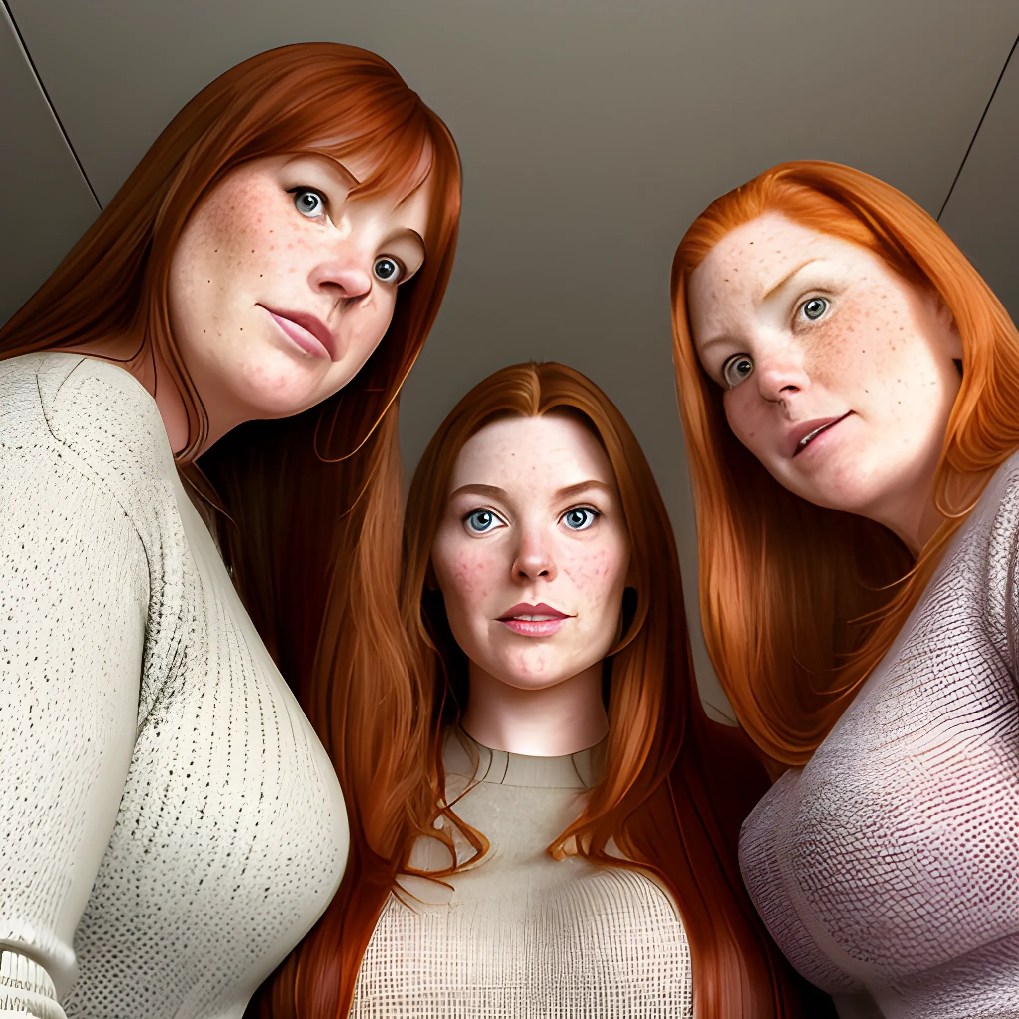  Three tall beautiful, curvy, plus-sized, early middle-aged ginger women, freckles, with long straight hair, fitted sweaters, looking down at the camera, up close pov, touching