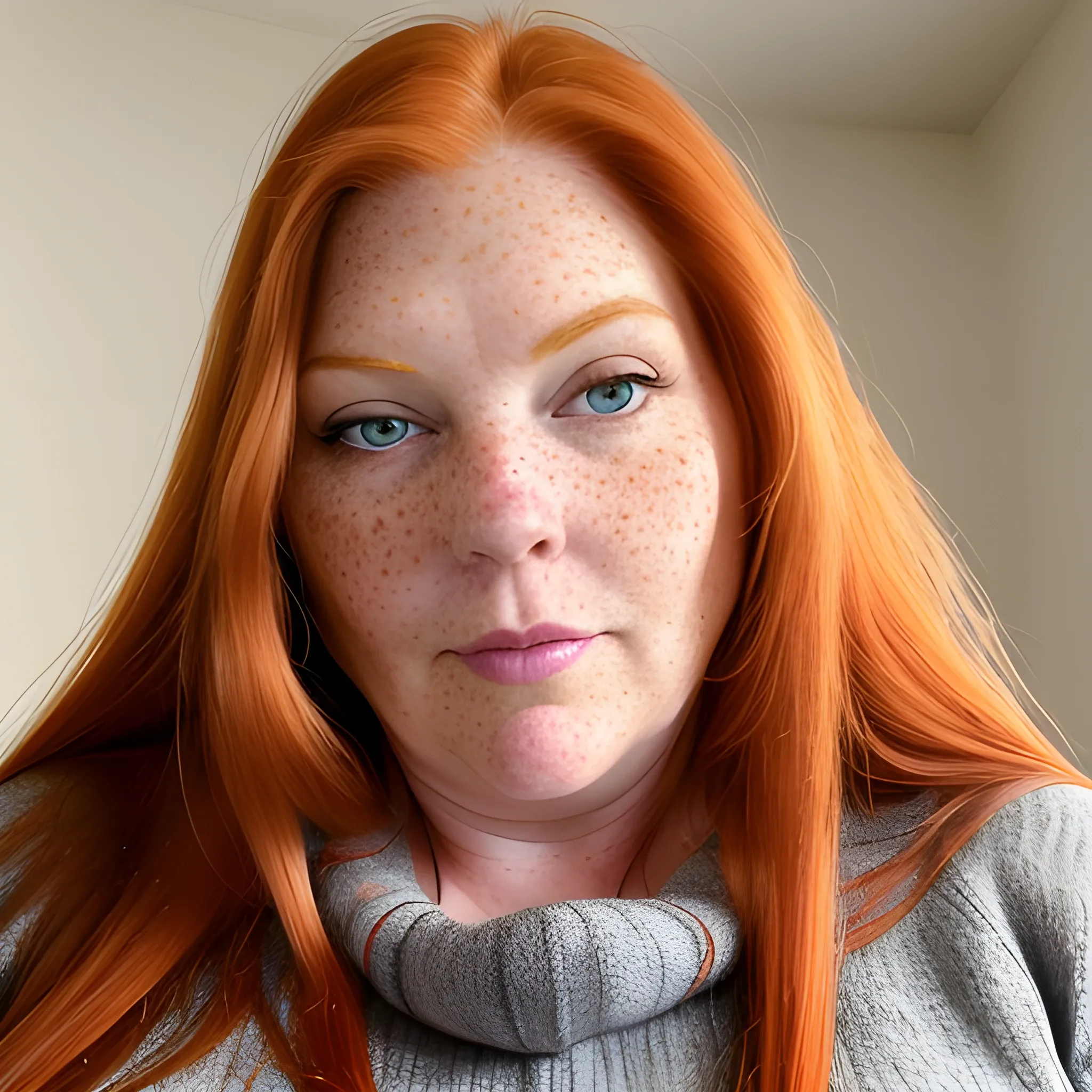 Tall beautiful, curvy, plus-sized, early middle-aged ginger woman, freckles, with long straight hair, fitted sweaters, looking down at the camera, up close pov, touching