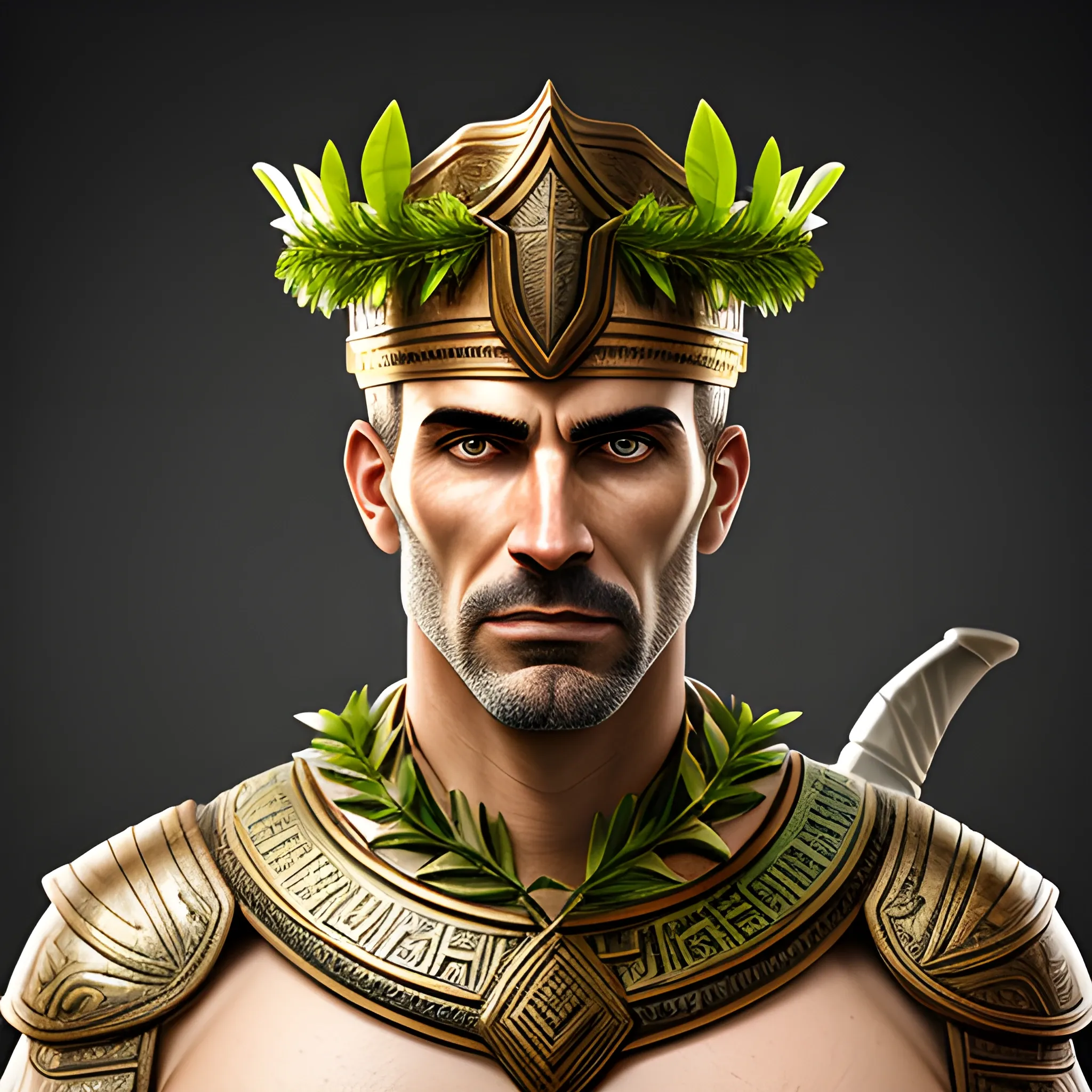 portrait of a realistic (young) athletic Ancient Greek, with a green leaves of laurel crown, a soldier armor, young, hyper realistic, photo, depth of field, fantasy, , 3D, athletic, human