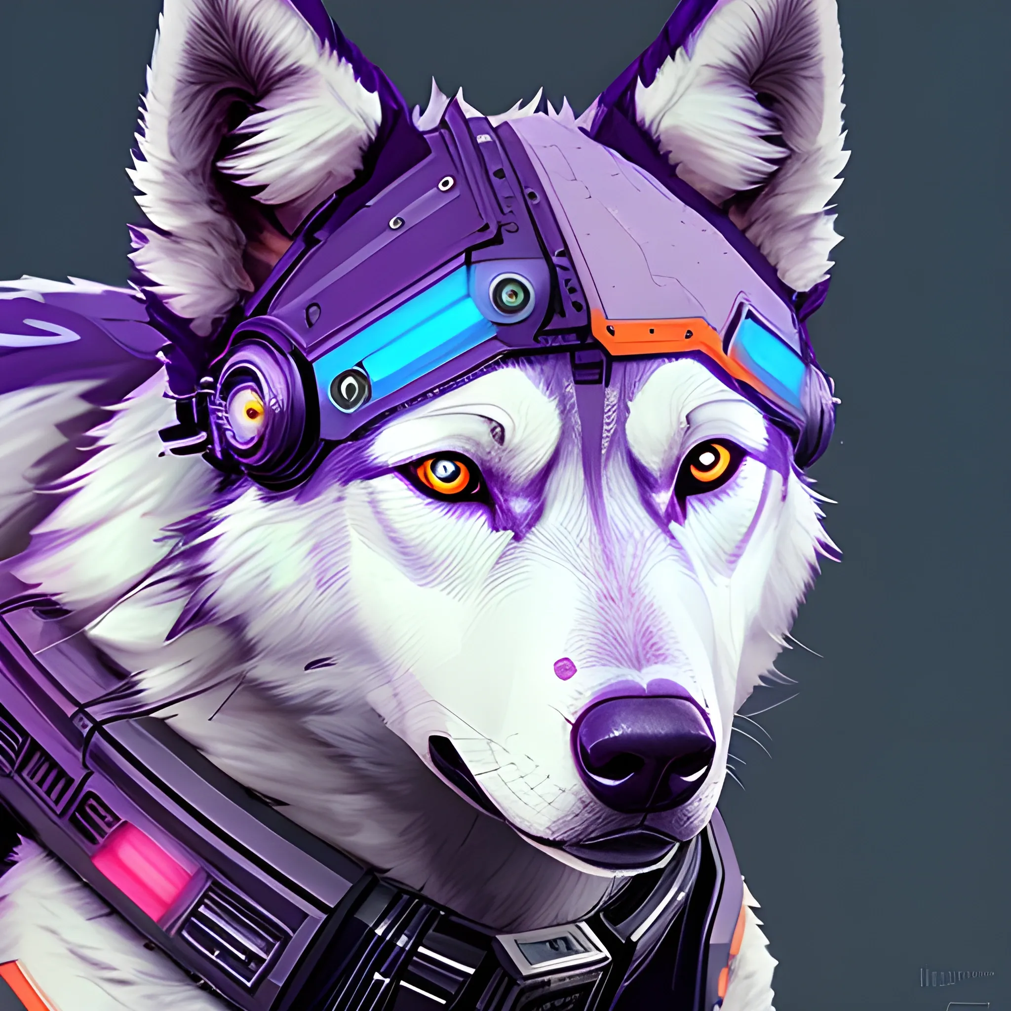 a beautiful portrait of a cute cyberpunk orange and white wolfdog by sandra chevrier and greg rutkowski and wlop, purple blue color scheme, high key lighting, volumetric light, digital art, highly detailed, fine detail, intricate, ornate, complex, octane render, unreal engine, photorealistic