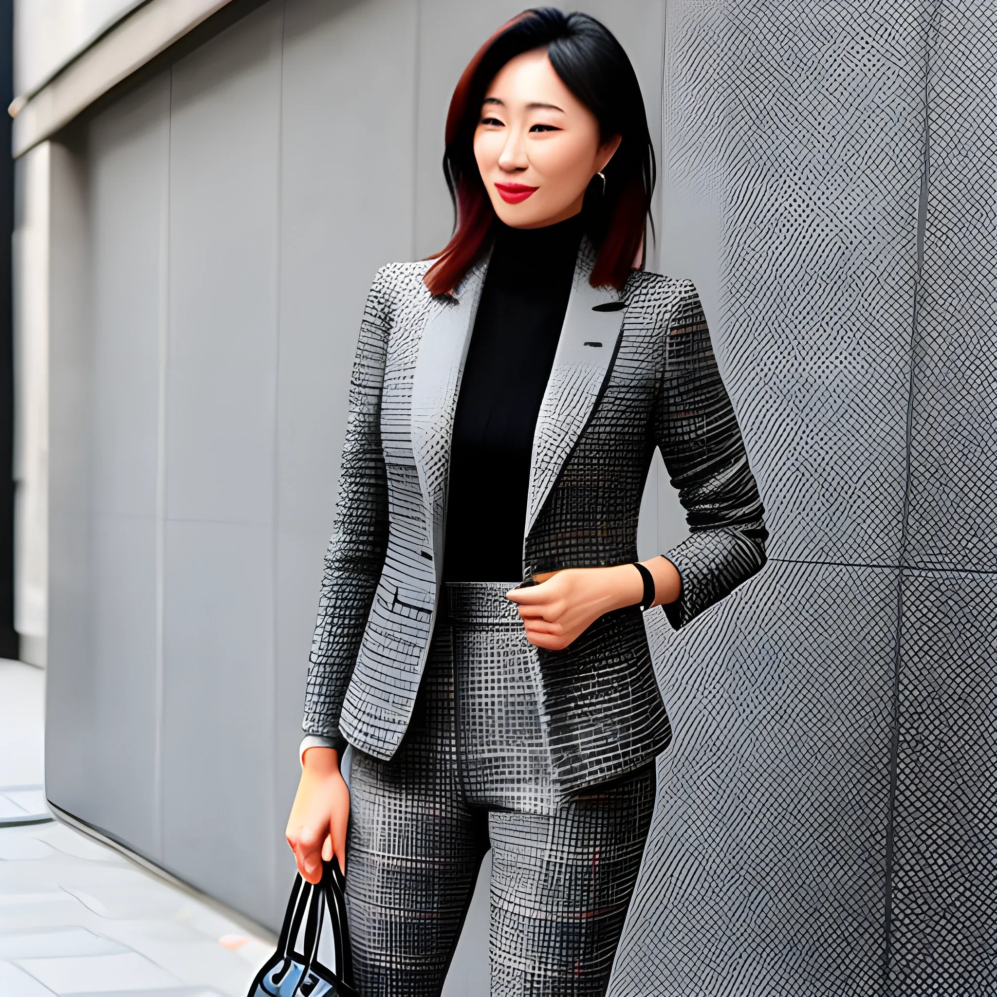 Eurasian girl wearing gray tweed blazer suit, street style