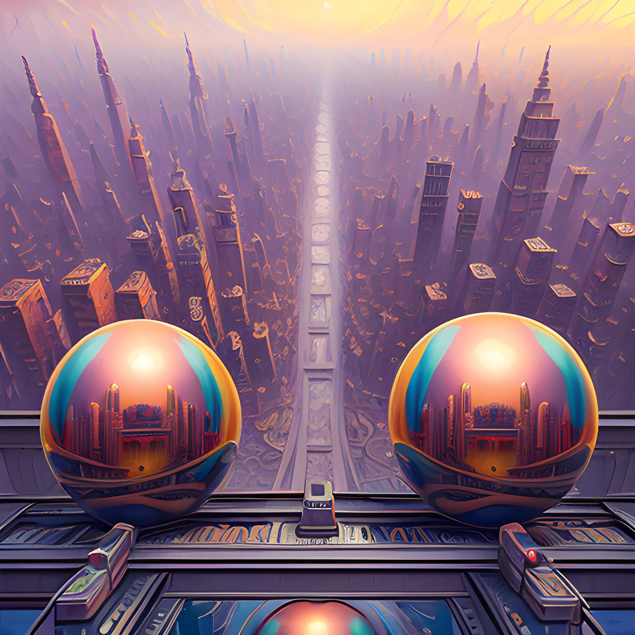 distorted postapocaliptic city, color balls, inister art by Grag Rutkowski, Oil Painting, Trippy, 3D