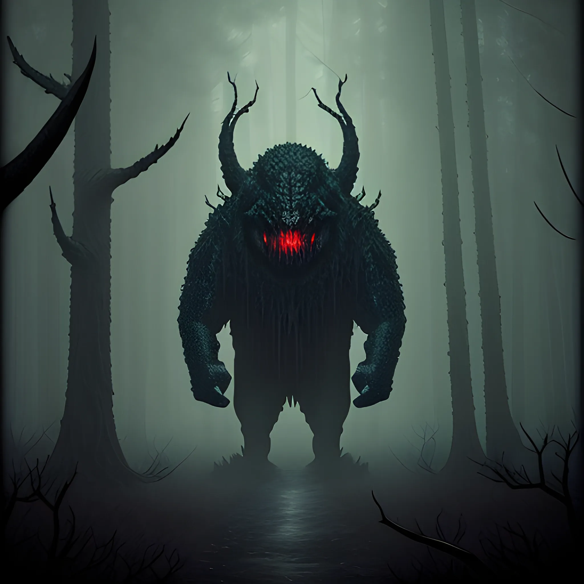 dark fantasy, pixelized, cryptid, horror, dark setting, foggy forest background, creature