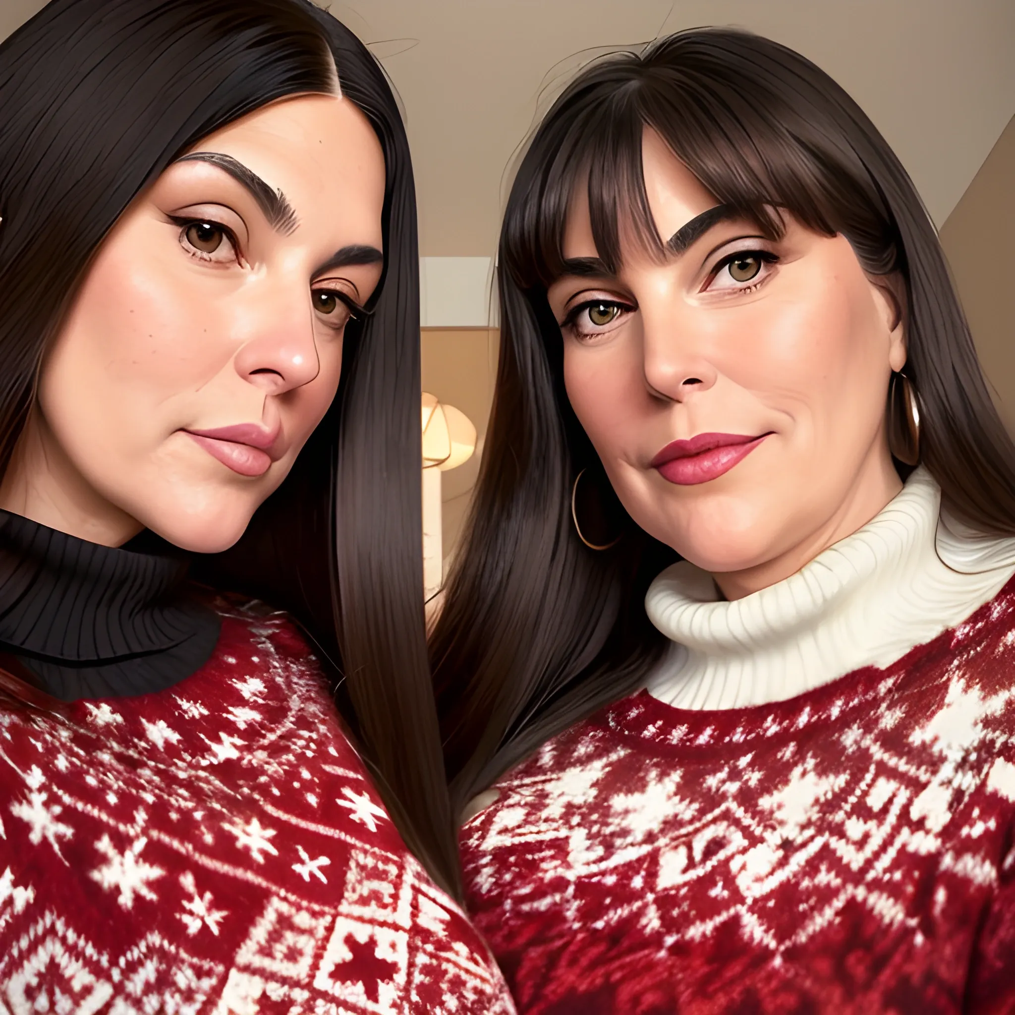 Two tall beautiful plus sized, early middle-aged Italian women with long straight black/brown hair, full lips, fitted Christmas sweaters, looking down at the camera, up close pov, touching